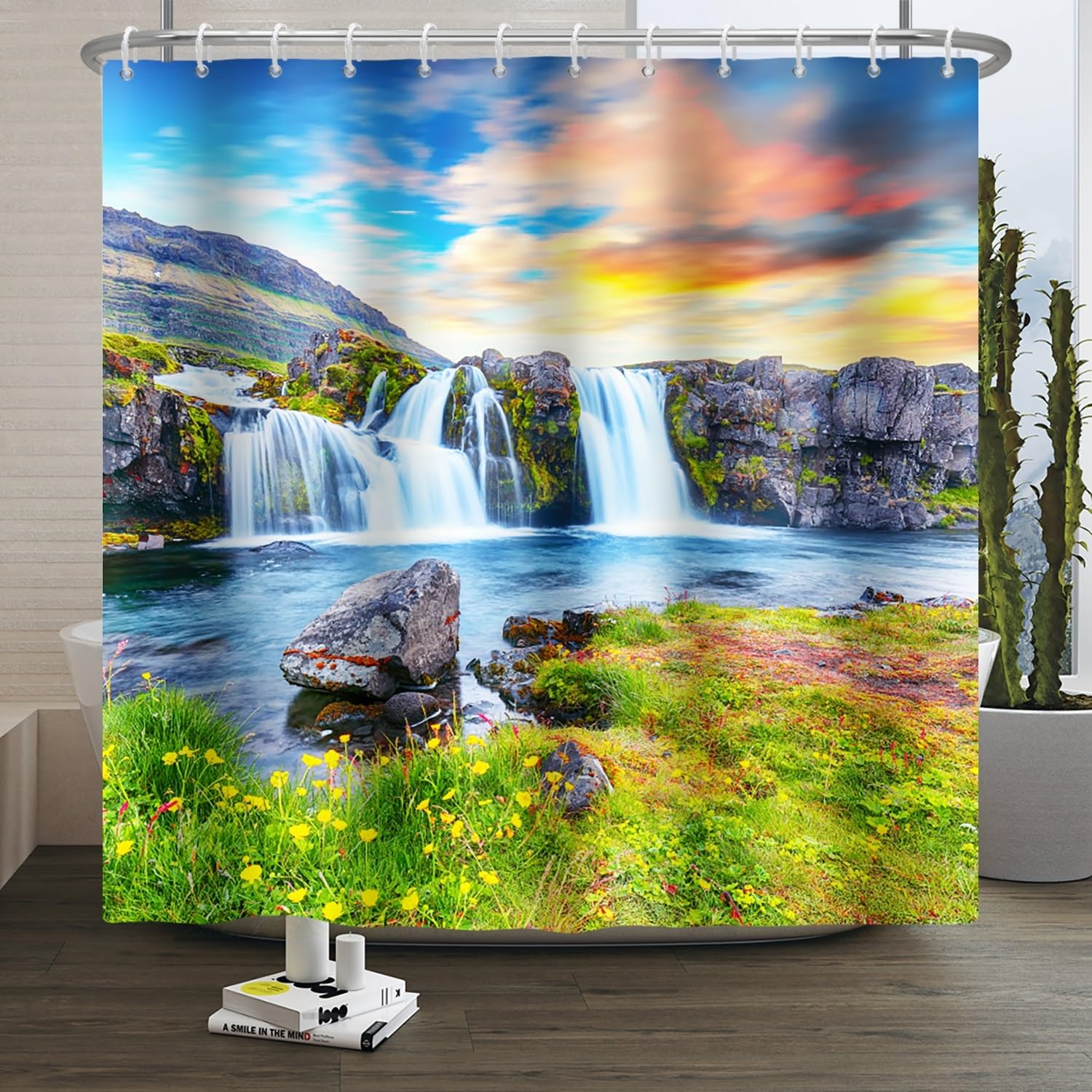 Xiaoterna Spring Shower Curtain Green Lake Summer Waterfall Bathroom Curtain Nature Scenery Mountain Sunset Waterfall Grass Flowers Shower Curtain