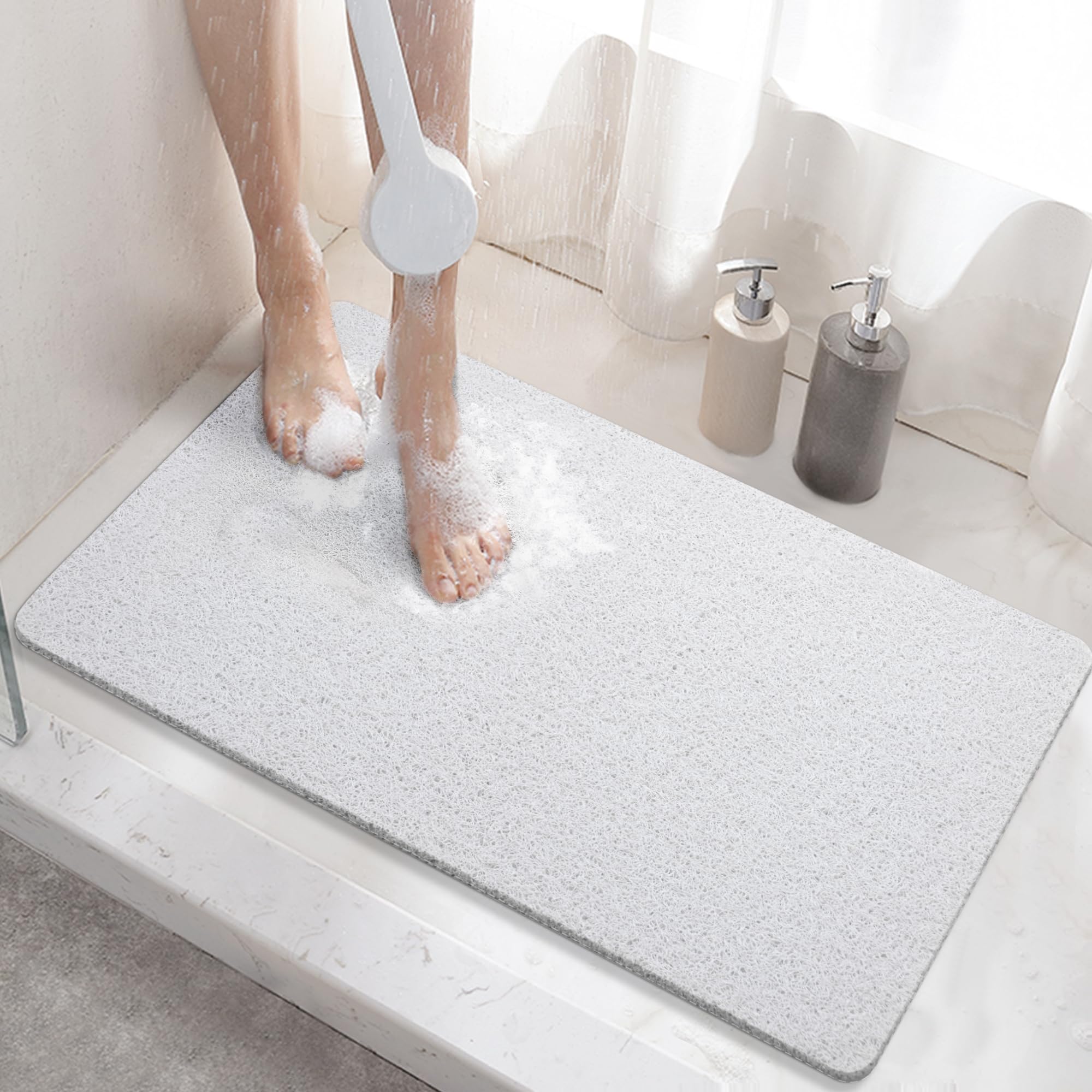 HITSLAM Shower mat Non Slip, 60 x 40 CM Non Slip Bath Mat with Drain, Soft PVC Loofah Shower Bath Mat for Tub, Quick Drying Shower Mat for Bathroom,