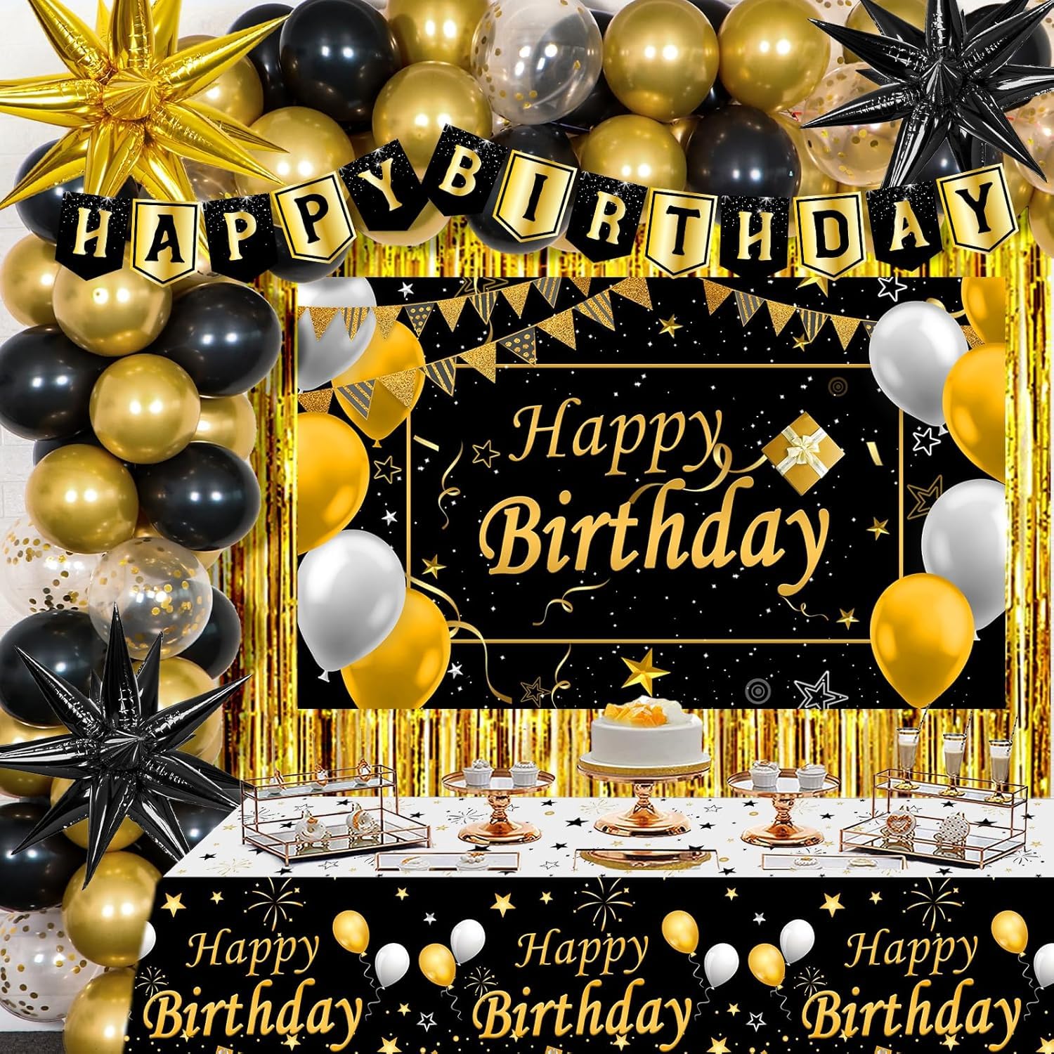 Black and Gold Party Decorations for Men Women, Happy Birthday Backdrop Banner Black Gold, Birthday Decorations with Balloons Arch Golden Fringe