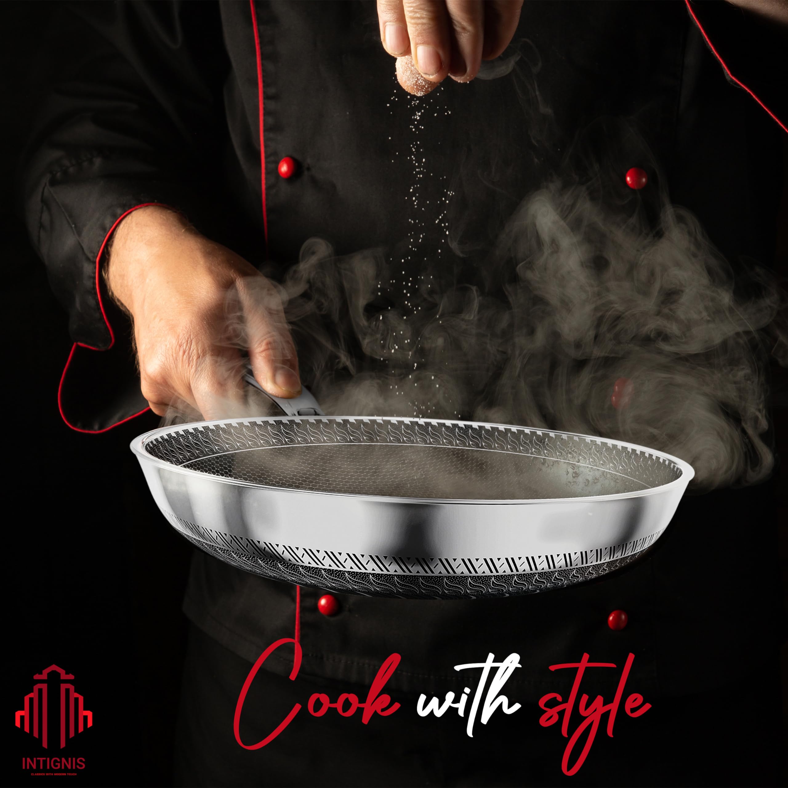 INTIGNIS Premium Frying Pan with Lid 30cm/ 12 Inches Non-Stick | Scratch Resistant | Extra Deep Large | Chemical Free | Stainless Steel Skillet |