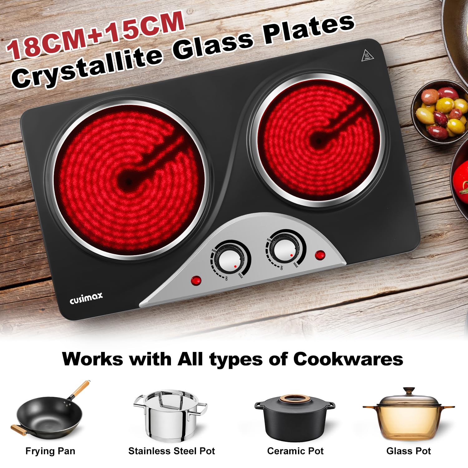 CUSIMAX Electric Hobs, 2100W Electric Hot Plates for Cooking Infrared Double Hot Plate, Portable Electric Hob with Temperature Control & Crystallite