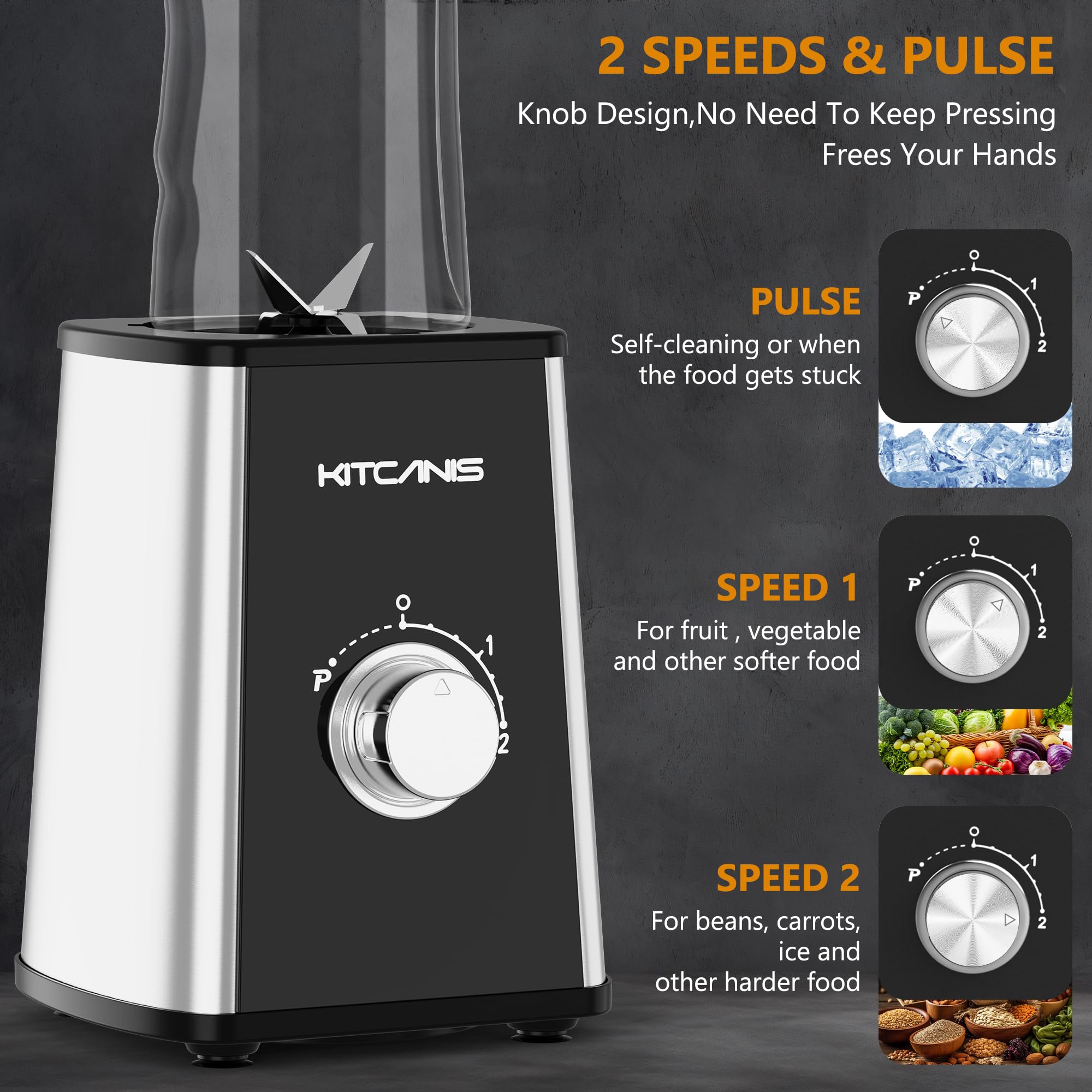 KITCANIS Mixer Smoothie Maker 800W, 3 in 1 Multifunctional Smoothie Blender with 3 Adjustable Speeds, 600ML Portable Bottle and 300ML Grinding Cup for