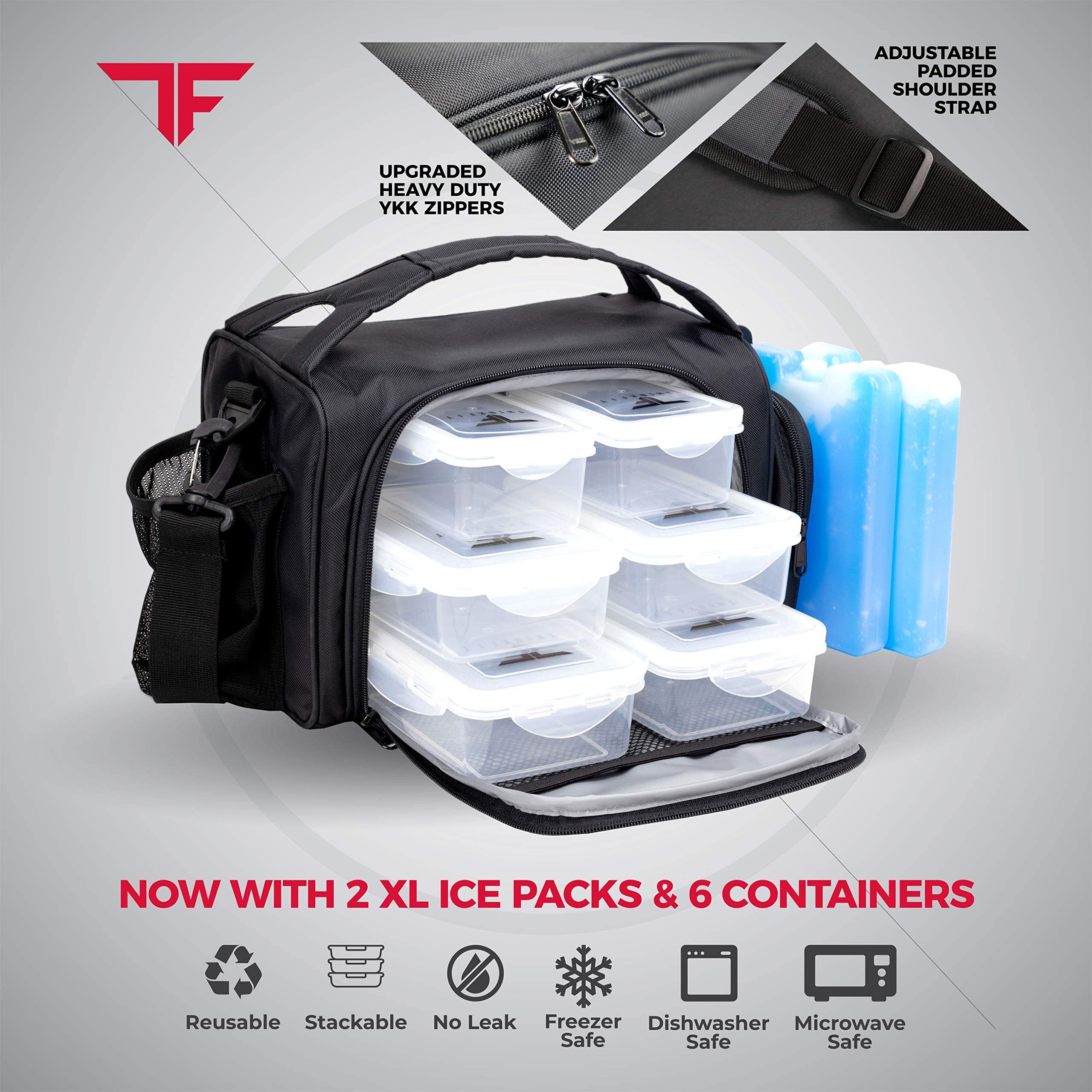 ThinkFit Insulated Meal Prep Lunch Box with 6 BPA-Free, Reusable, Microwavable, Freezer Safe Food Portion-Control Containers, Shaker Cup, Pill