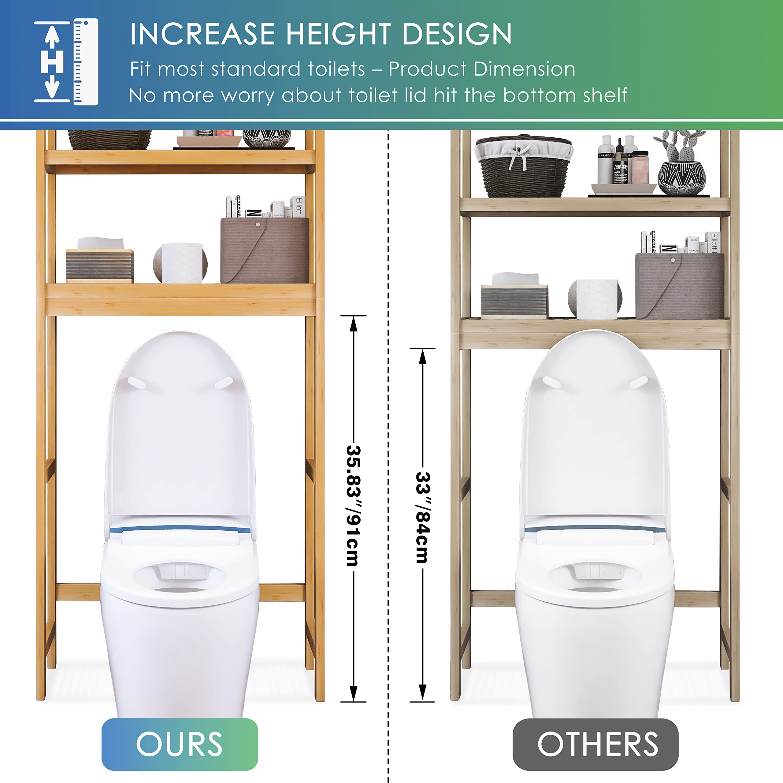 SMIBUY Bathroom Storage Shelf, Bamboo Over-The-Toilet Organizer Rack, Freestanding Toilet Space Saver with 3-Tier Adjustable Shelves (Natural)