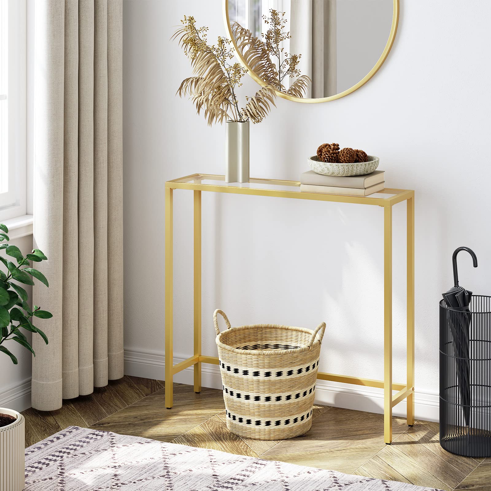 HOOBRO Console Table, Tempered Glass Sofa Table, Gold Slim Hallway Table, 75 x 22 x 80 cm, for Living Room, Entryway, Hallway, Metal Frame, Sturdy,