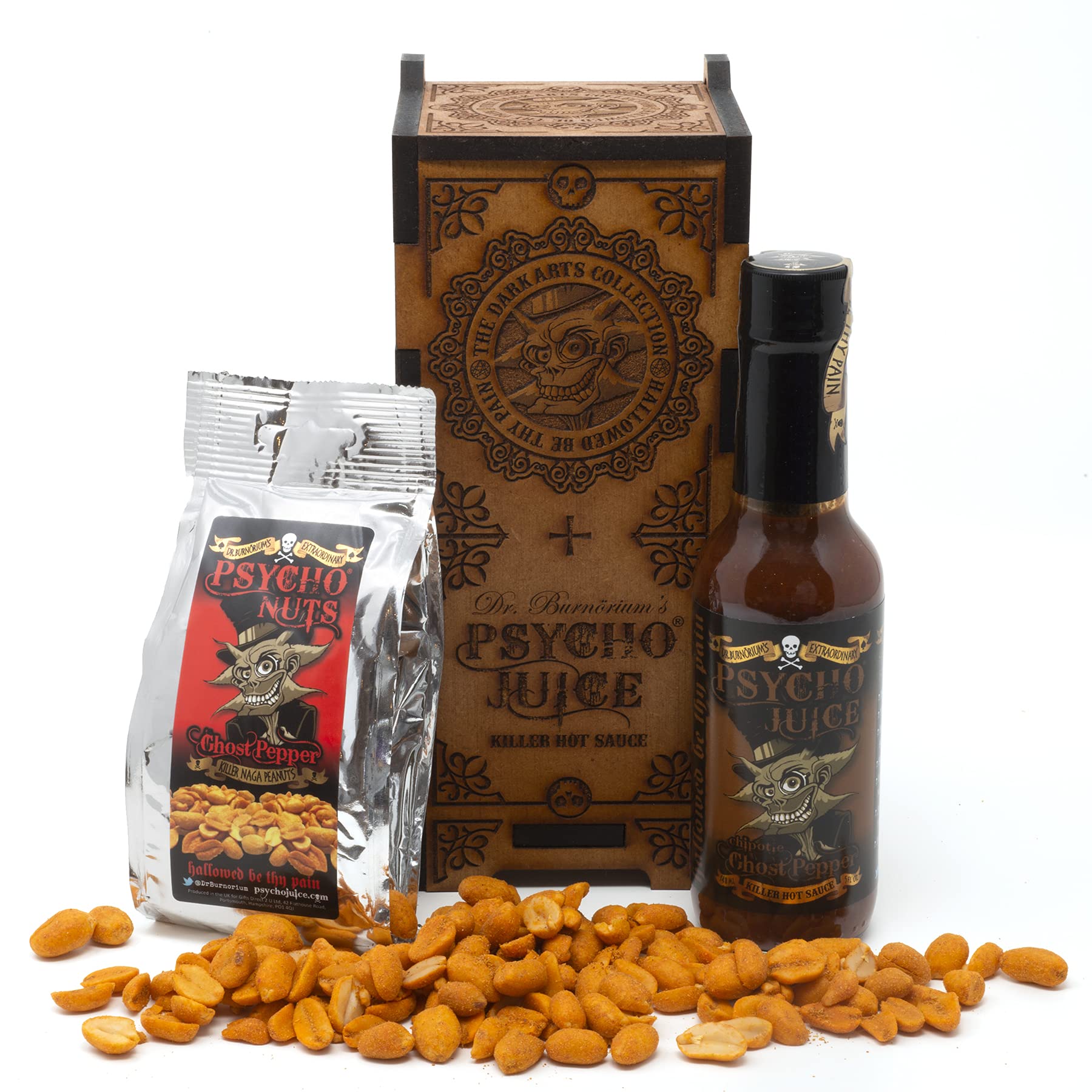 Psycho Juice | Dark Arts Wooden Chilli Sauce & Nuts Gift Set | Chipotle Sauce | 148ml | Psycho Nuts | Naga Covered Spicy Peanuts