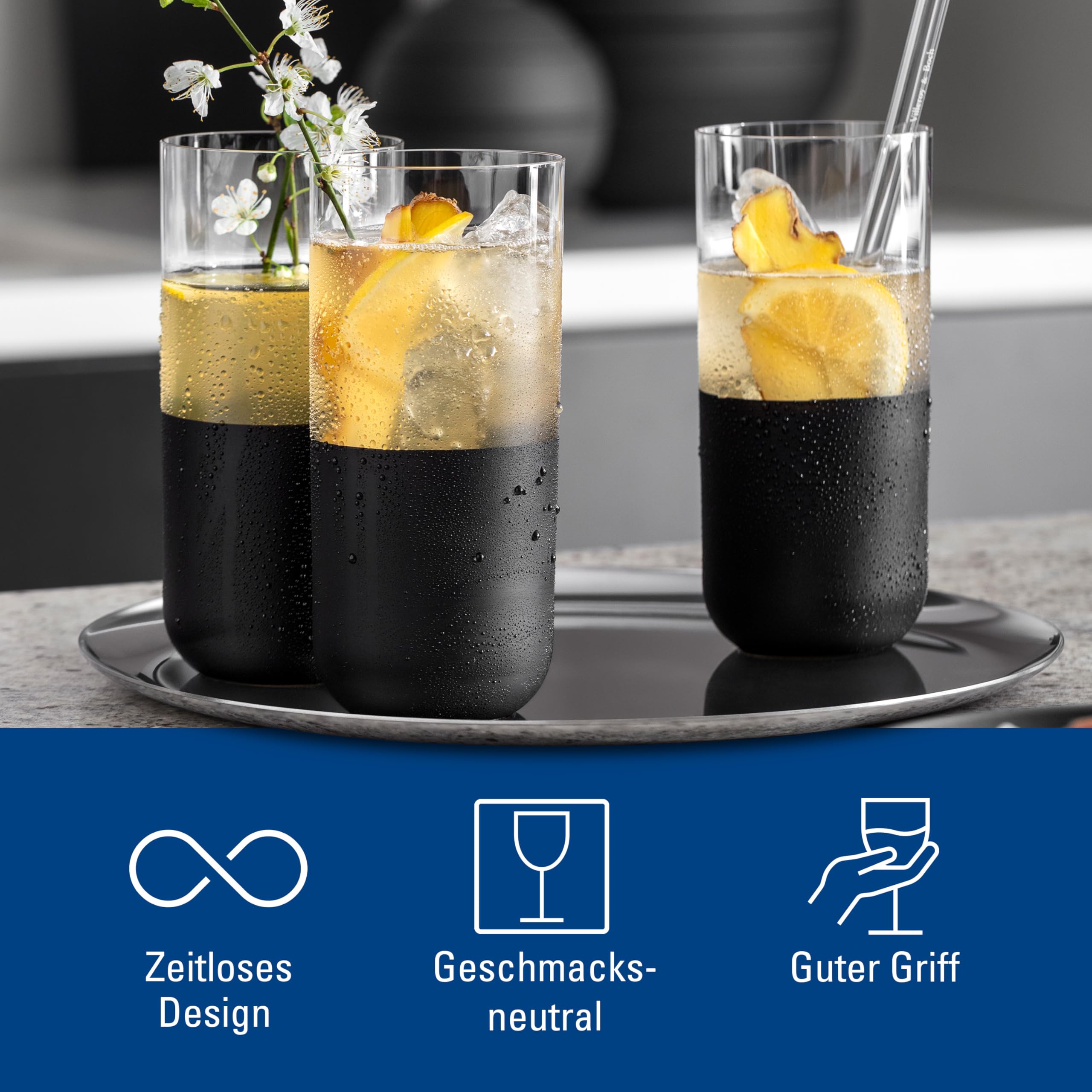 Villeroy & Boch Manufacture Rock Long Drink Glass Set, 4 pces, Crystal Glass with matt Black Base, Capacity 300 ml
