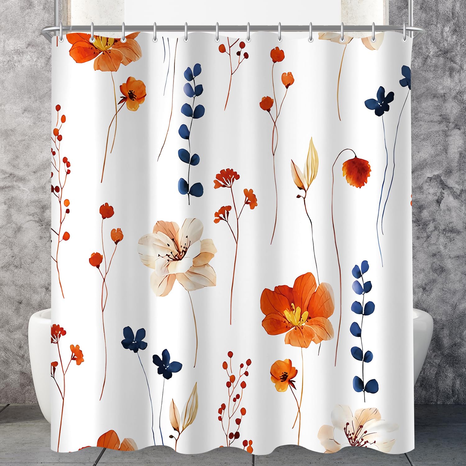 Lerores Shower Curtain, 180 x 160 cm, Orange & Navy Flower, Weighted Hem, Anti-Mould, Water-Repellent, Washable Polyester Bath Curtains with 12