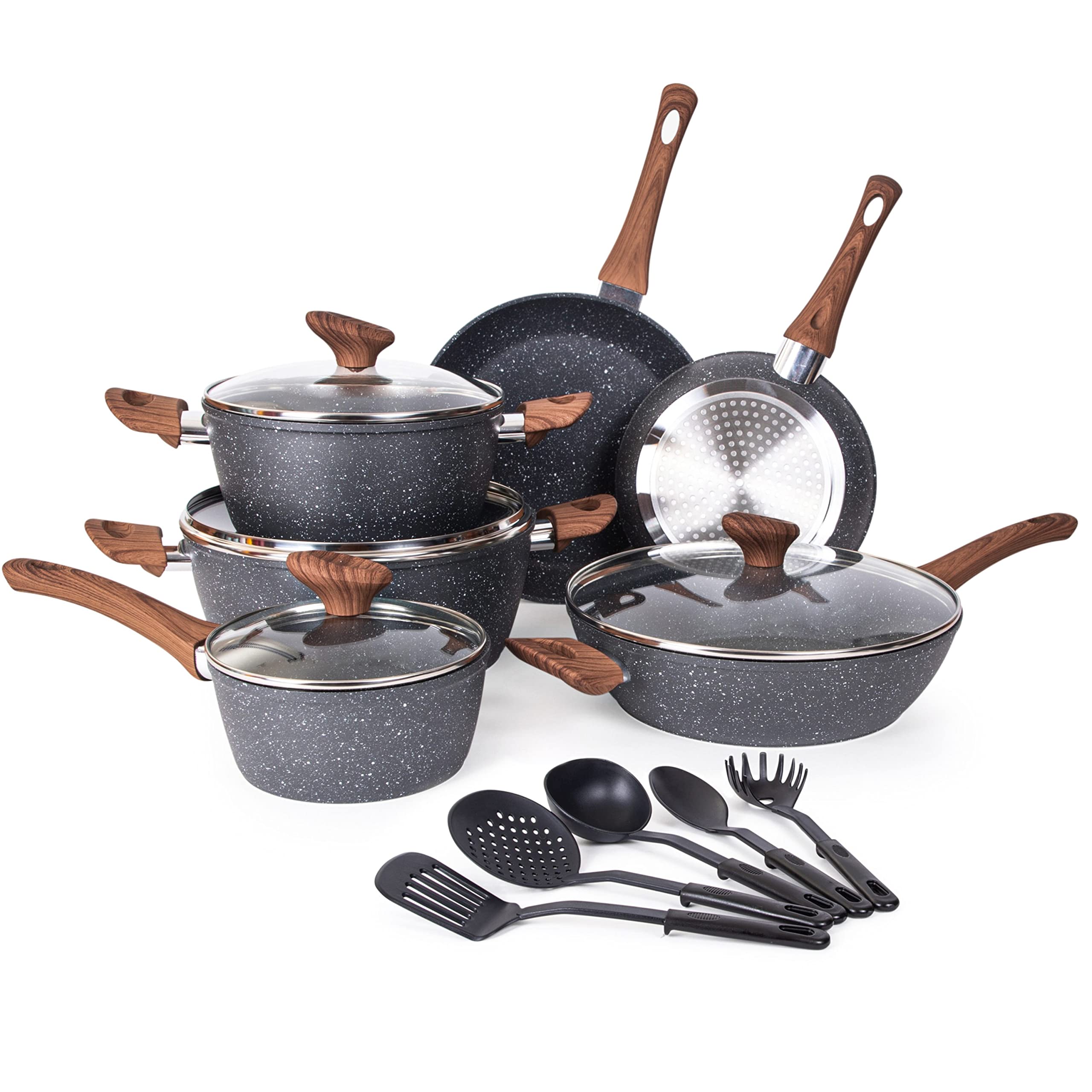 Non Stick Pots and Pans Set Induction Hob Pots Set 15pcs Kitchen Cookware with Lids Cooking Marble Saucepan Pots - by Nuovva
