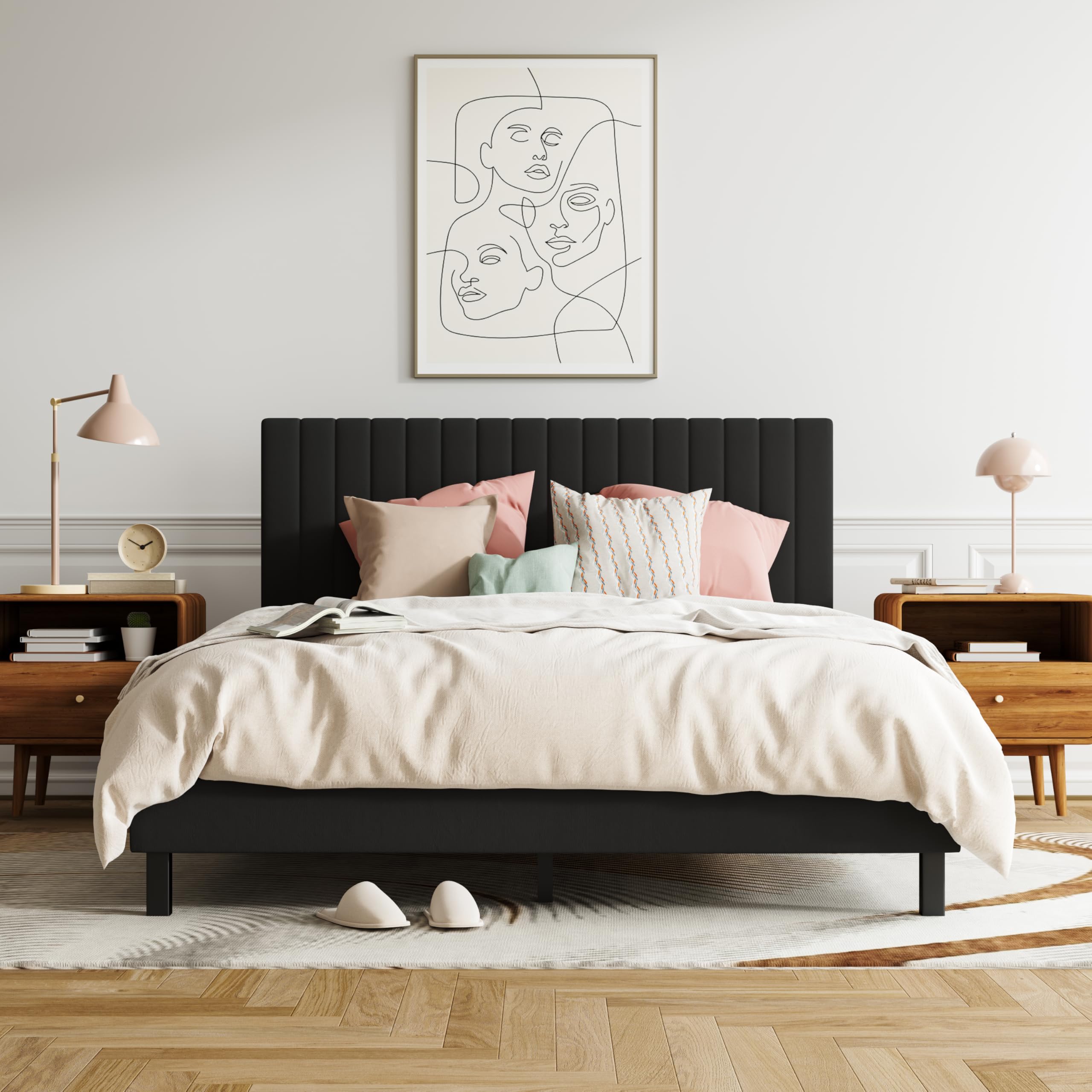 XINBEDEU 4ft6 Double Bed Frame, Upholstered Platform Bed with Adjustable Velvet Headboard, Sturdy Wooden Slats, Silent Design, No Spring Mattress