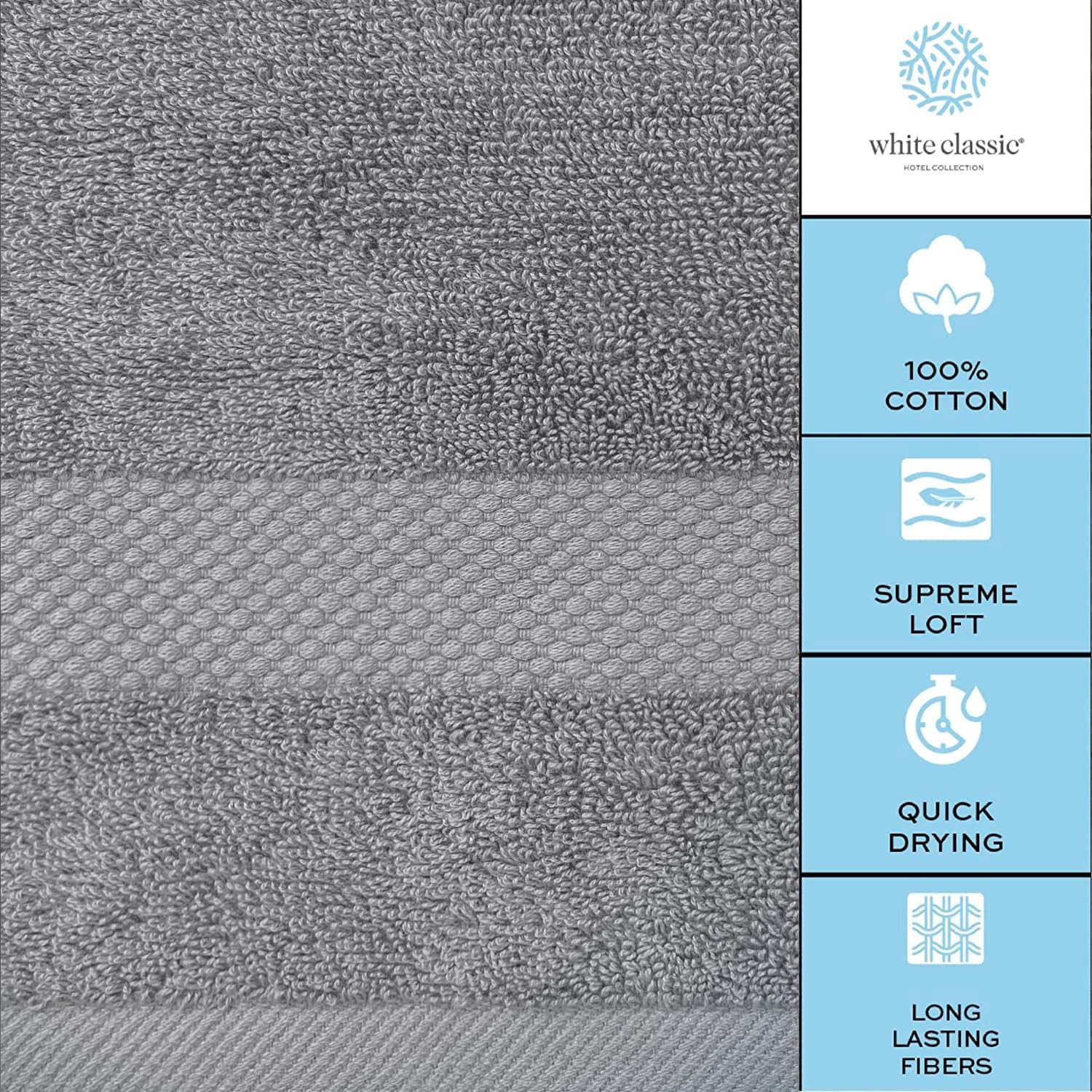 White Classic Luxury Bath Towels Set of 2 Bath Towels, 2 Hand Towels, 4 Face Towels, Light Grey 8 Pc Egyptian Cotton Towel Set, Hotel Towels Quality
