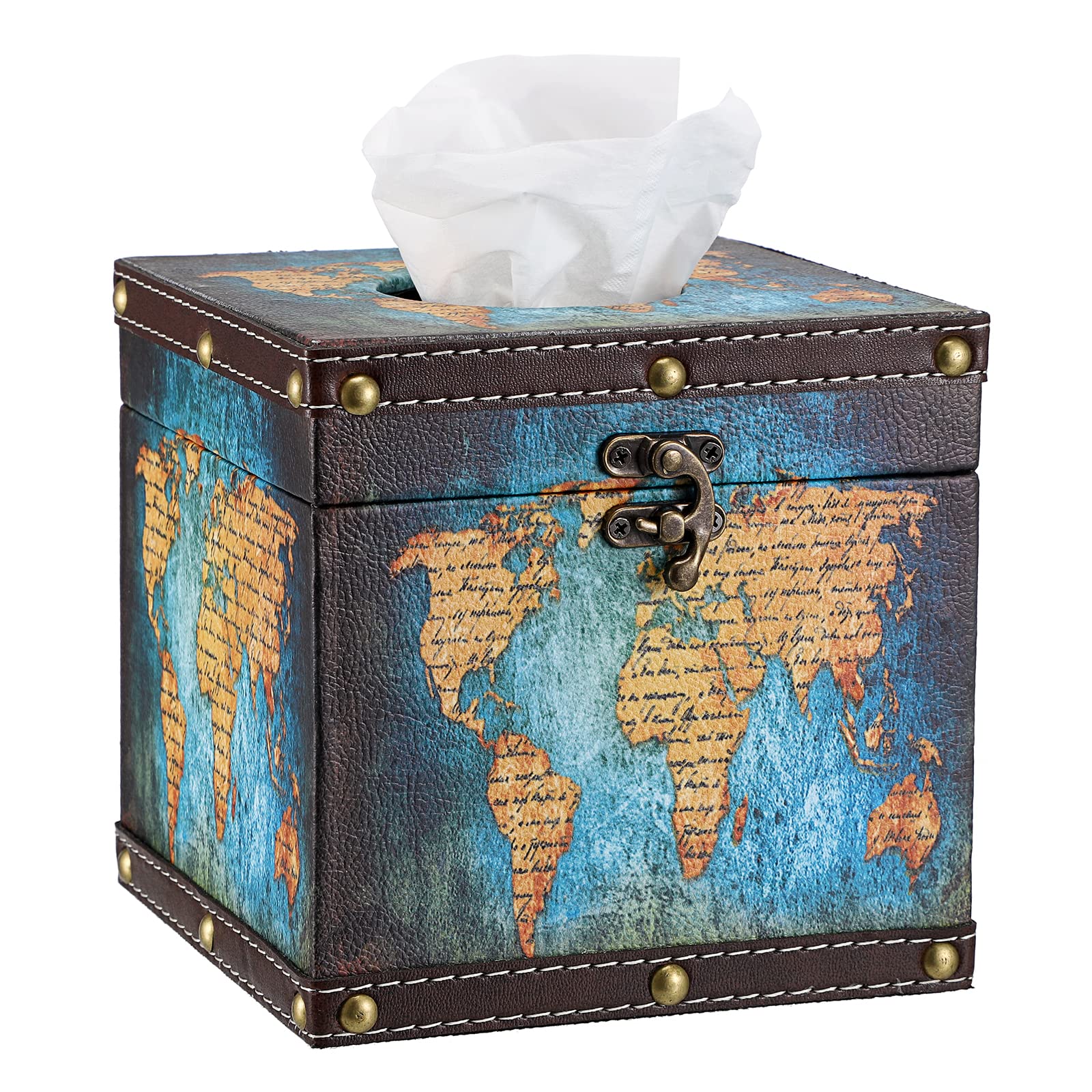 BTSKY Wooden + PU Retro Household Office Cube Square Tissue Holder Box Cover Napkin Holder, Elegant and Stylish Home Decoration (Blue Map)