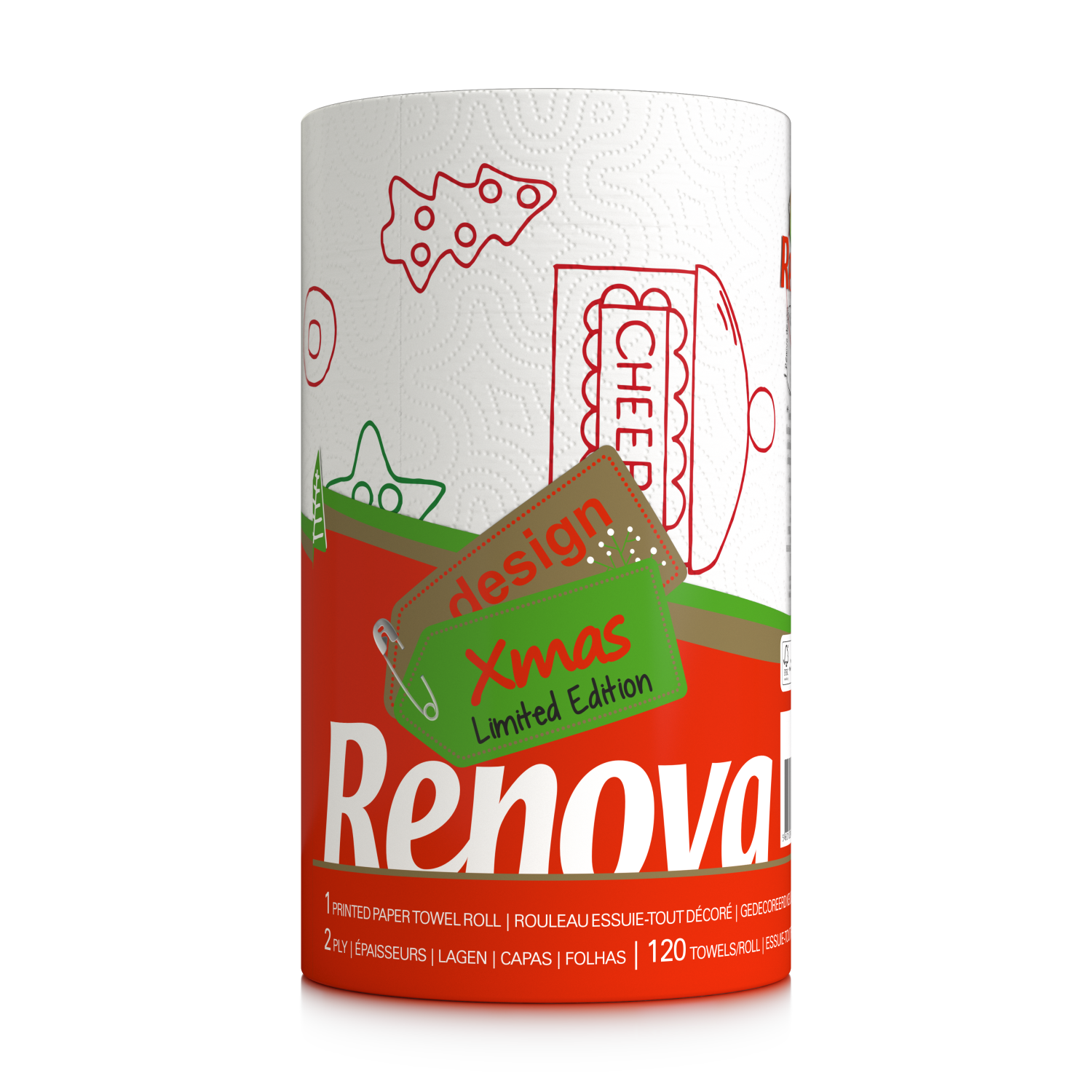 Renova Festive Christmas Kitchen Roll 1 Roll Per Pack XXL Durable Holiday Paper Towels Decorative Designs 120 Sheets