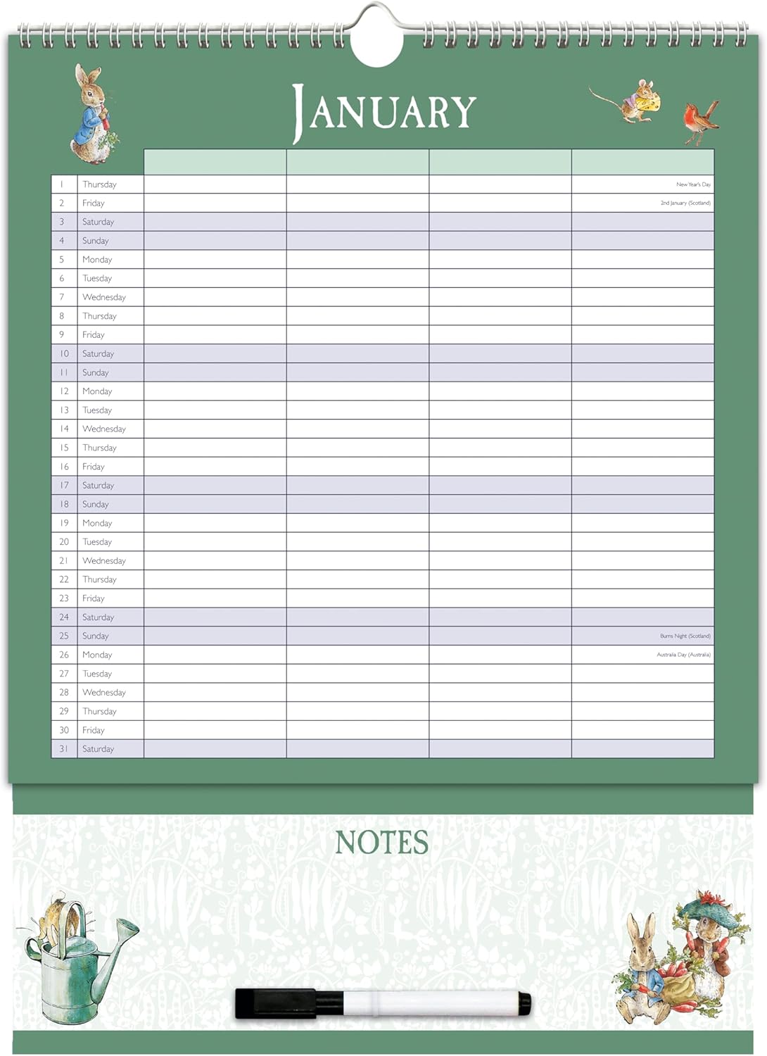 Peter Rabbit 2026 Family Organiser Wall Calendar | Large 4-Column Monthly Planner with Wipe-Clean Notes Section, Pen & Hanging Loop | Beatrix Potter Design