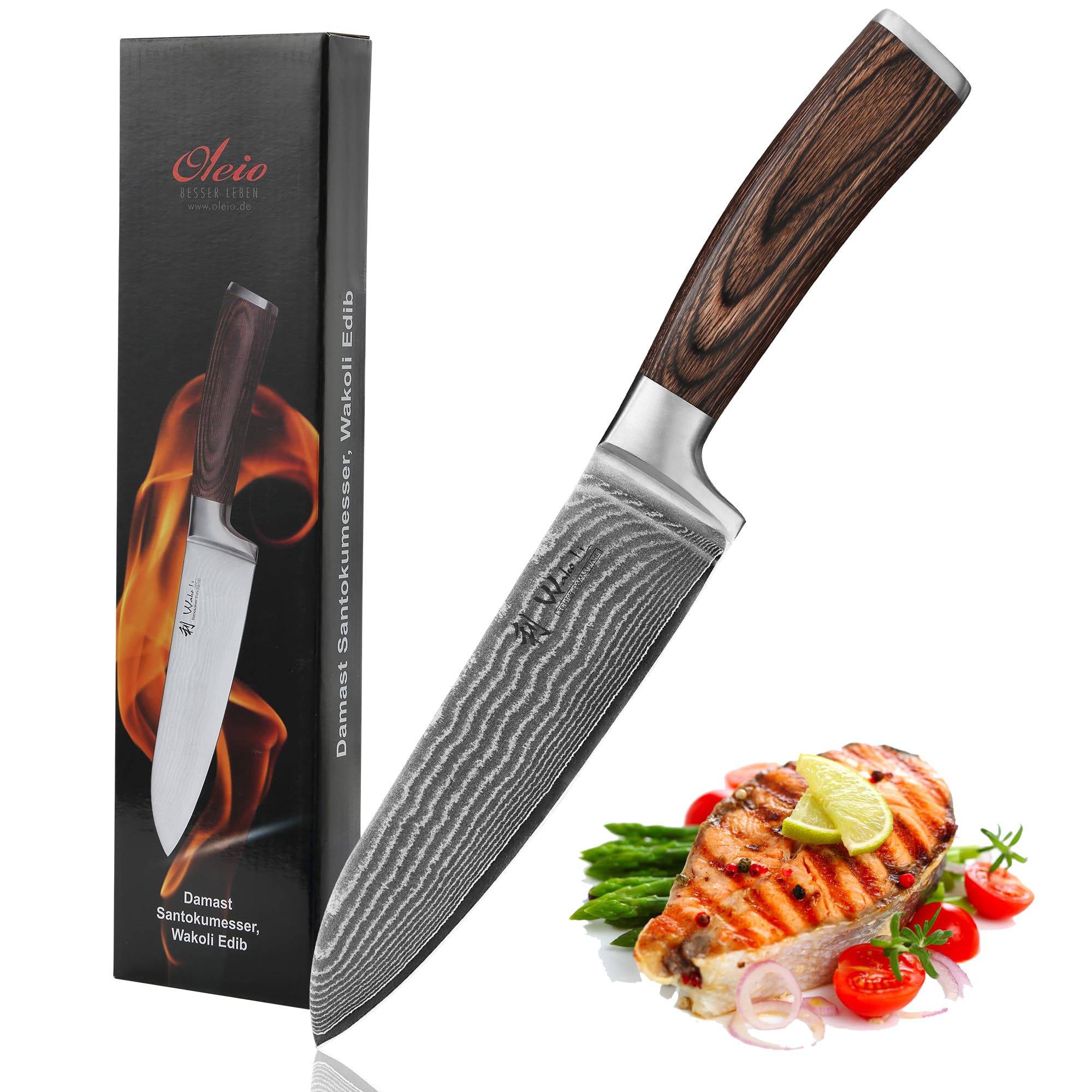 Wakoli EDIB Santoku Knife ? Professional Damascus Kitchen Chef?s Knife Made from 67 Layers of Genuine Damascus Steel with VG-10 Core and Ergonomic