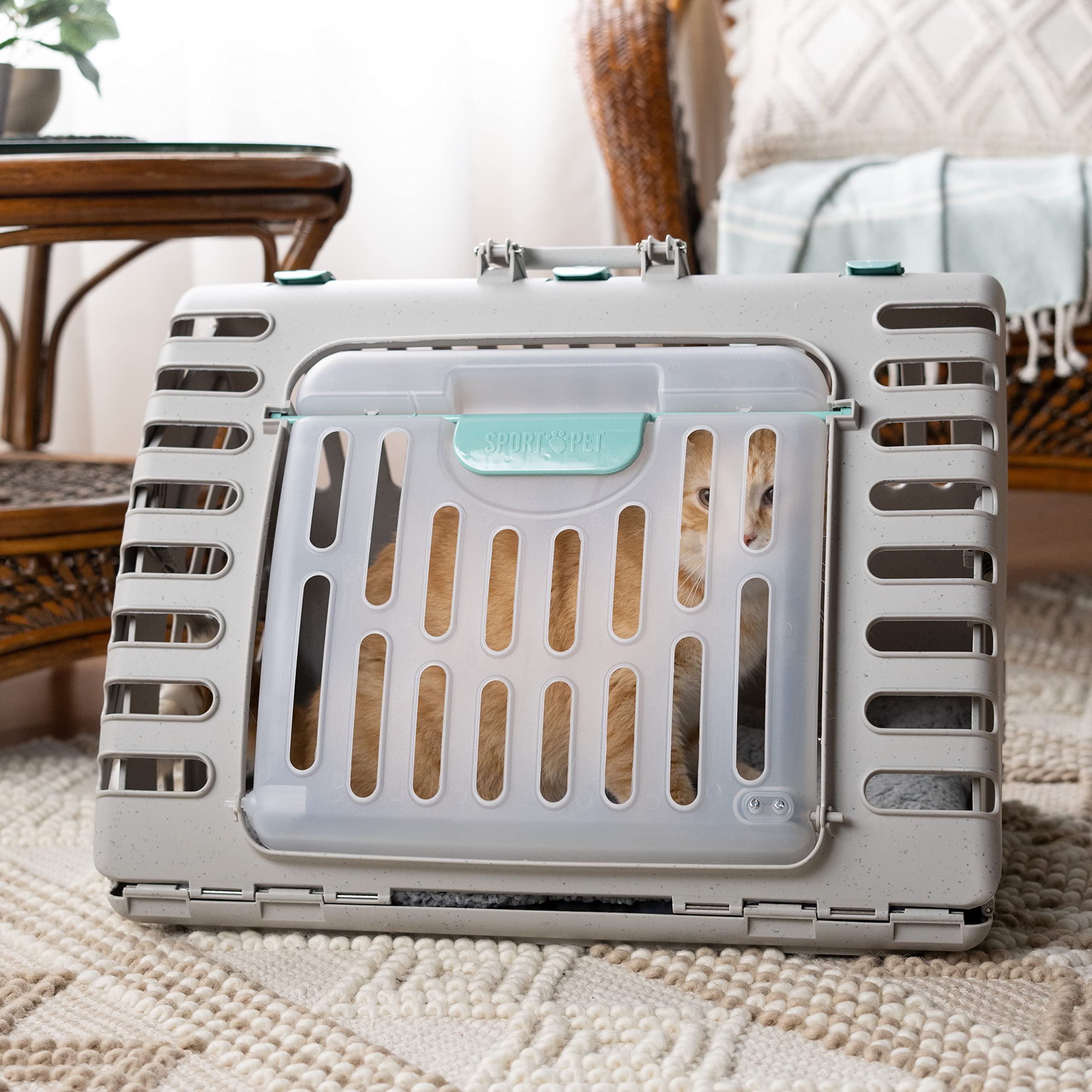 SportPet Designs Foldable Travel Cat Carrier - Front Door Plastic Collapsible Carrier Collection, Waterproof Bed