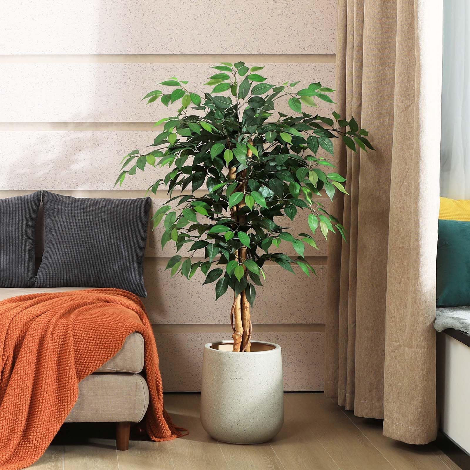 SOGUYI 120cm Artificial Ficus Tree with Natural Wood Trunk, Silk Fake Ficus Tree in Plastic Nursery Pot, Faux Plant for Office Home, Indoor Outdoor