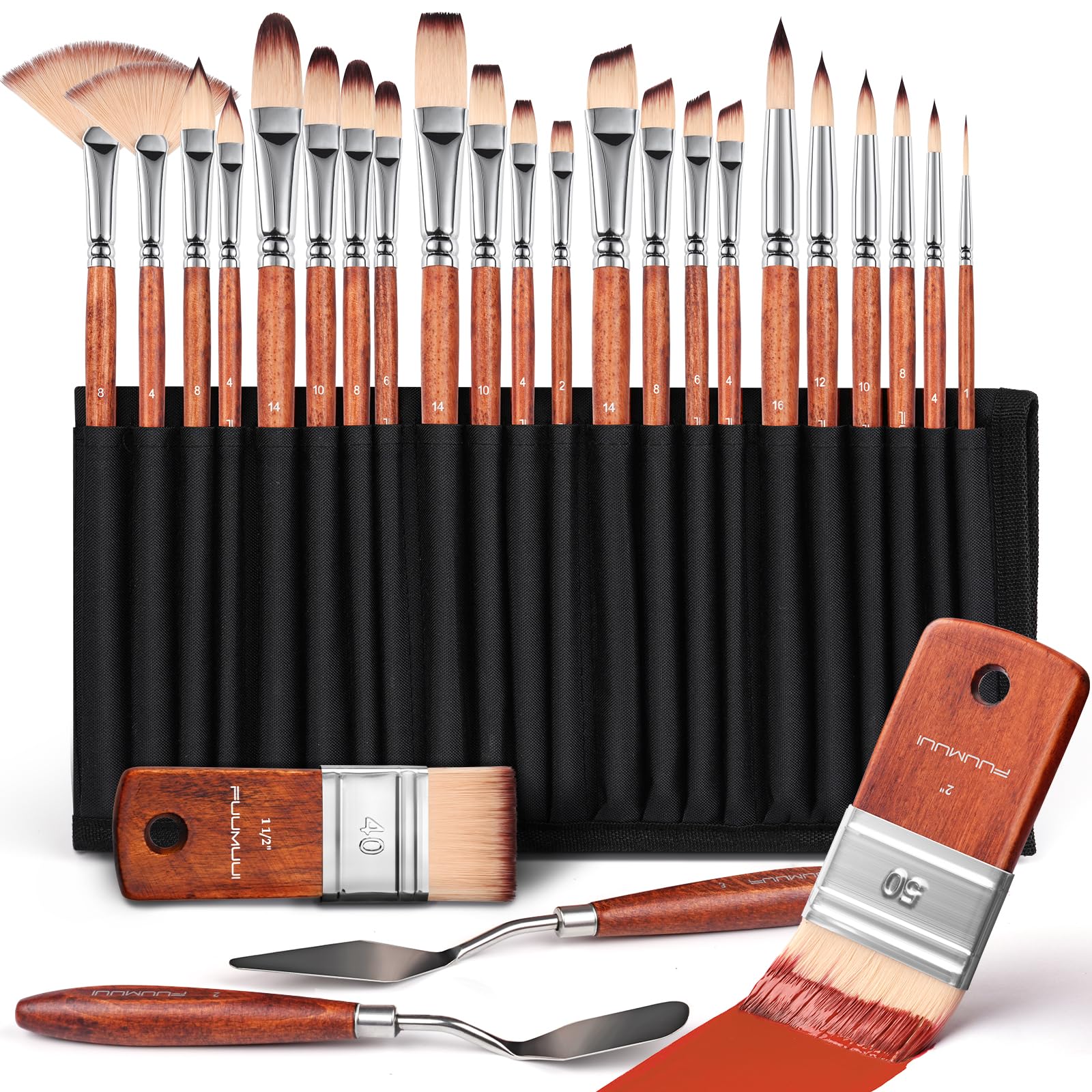 Fuumuui 26pcs Paint Brushes, Professional Acrylic Paint Brush Set Artists Complete Range of Sizes with Upgraded Short Handle Wide Flat & Palette Knife