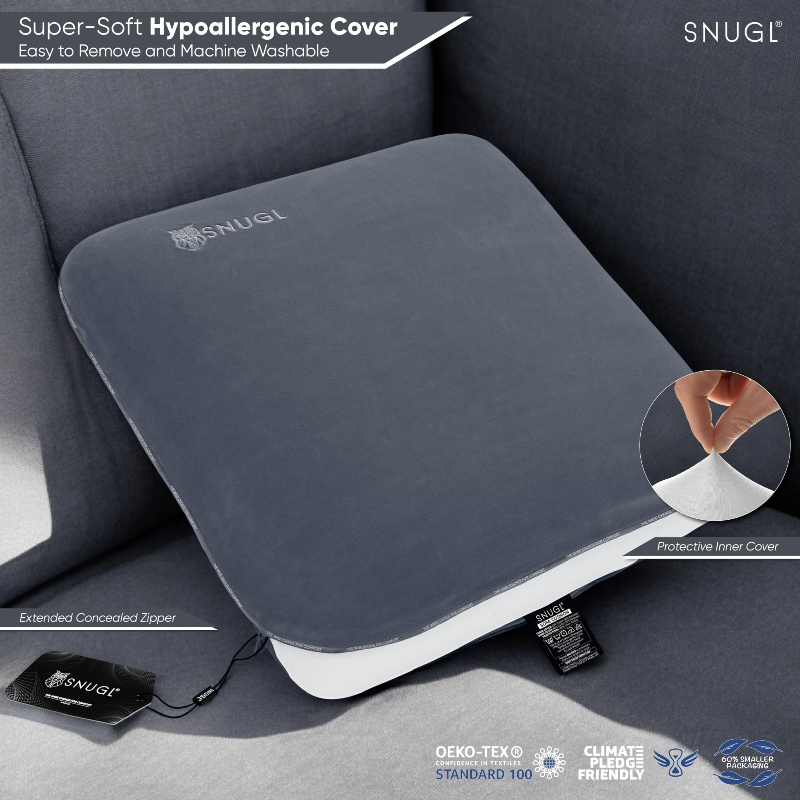 SNUGL Memory Foam Sofa Cushion with Shape Retention ? Hypoallergenic Velvet, Supportive Visco-Elastic Foam, Removable & Washable Cover, Perfect for