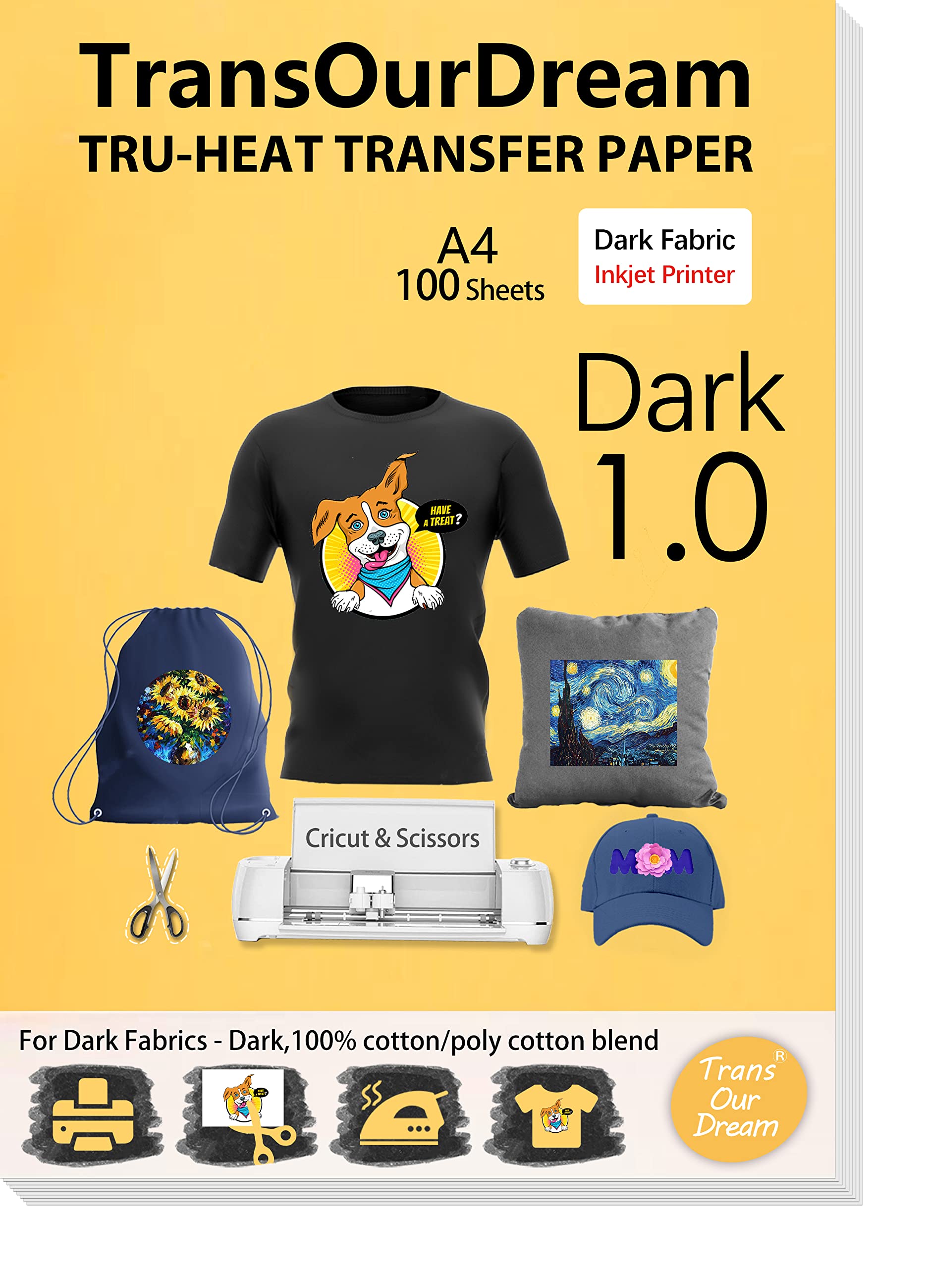 TransOurDream Tru-Transfer Paper -100 Sheets A4 Inkjet Iron On Transfer Paper Heat Transfer Vinyl for Dark T Shirts Fabrics.NO Peeling!NO