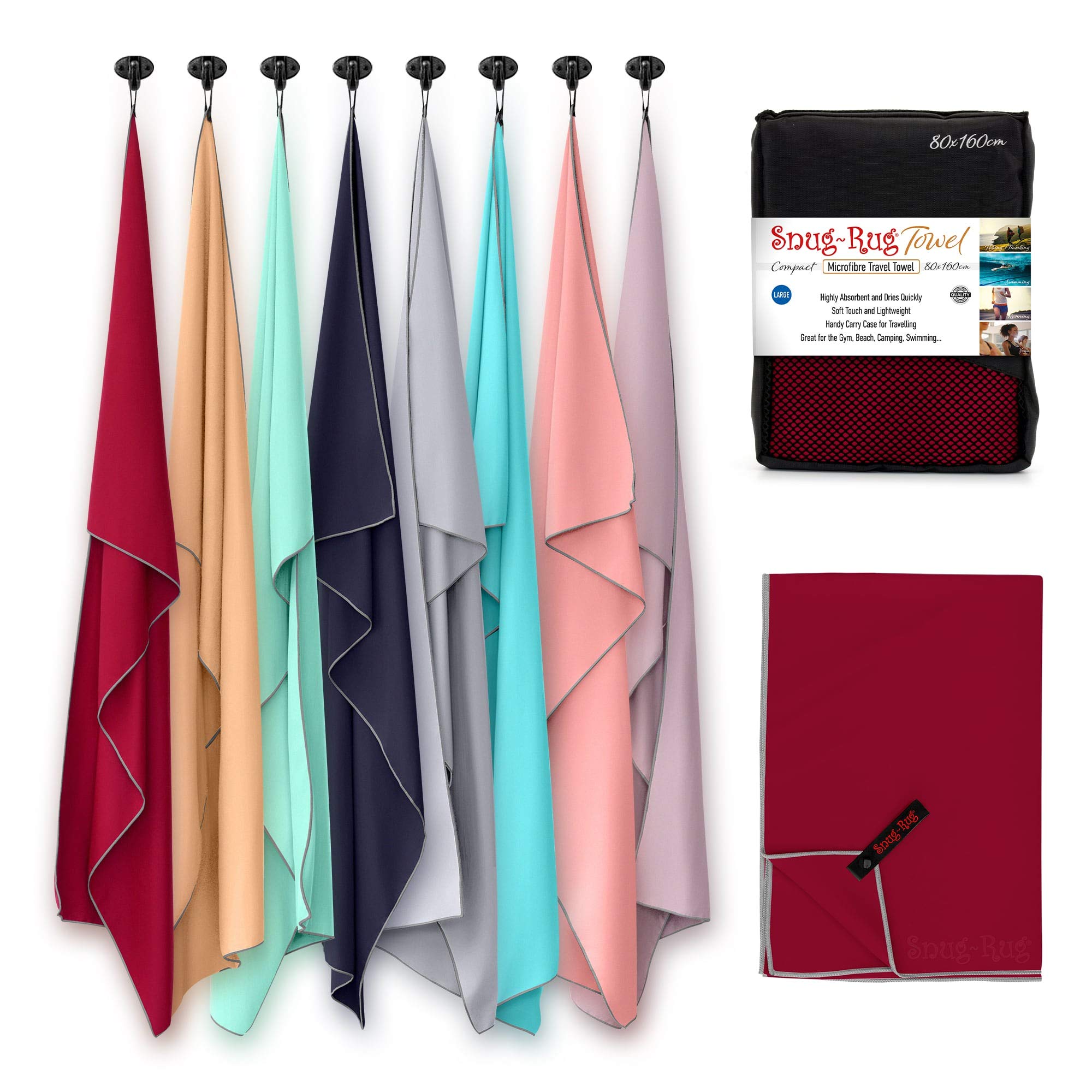 Snug Rug Microfibre Beach Towel Large 80 x 160cm ? Super Absorbent Quick Drying Lightweight Sand Proof Beach Towels Jester Red