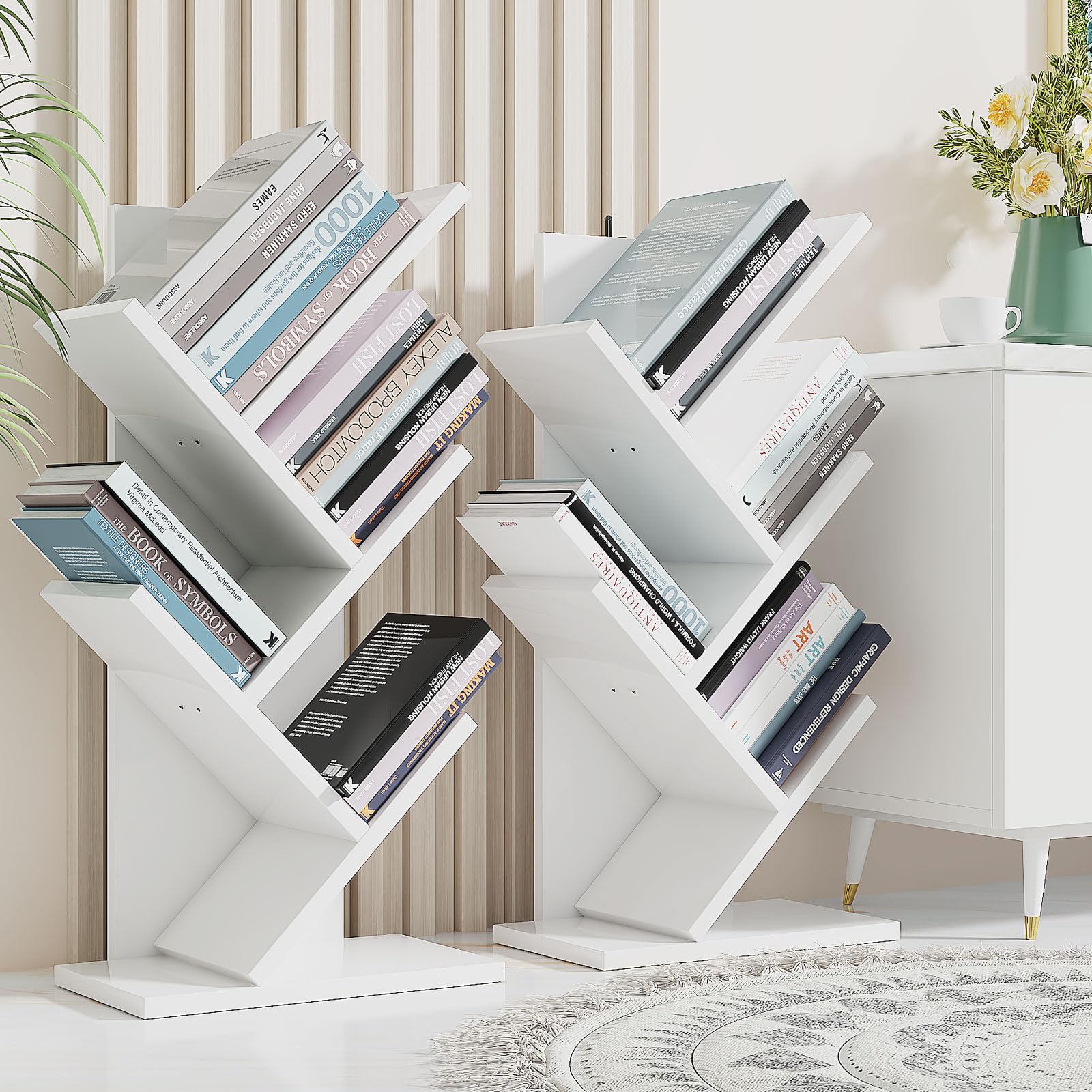 YMYNY 4 Tier Tree Bookshelf, Small Bookcase, Modern Wood Book Storage Rack, Freestanding Book Shelf for Books/Movies/CDs, Narrow Display Rack for
