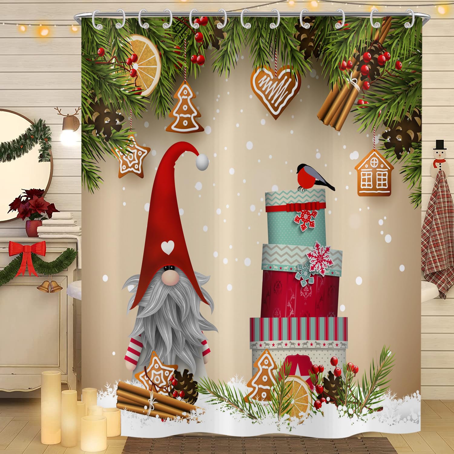 Hnmdmyi Christmas Shower Curtain 180x200, Cute Gnome Colorful Gift Boxes Green Pine Branch Xmas Winter Holiday Bathroom Curtains Waterproof Polyester