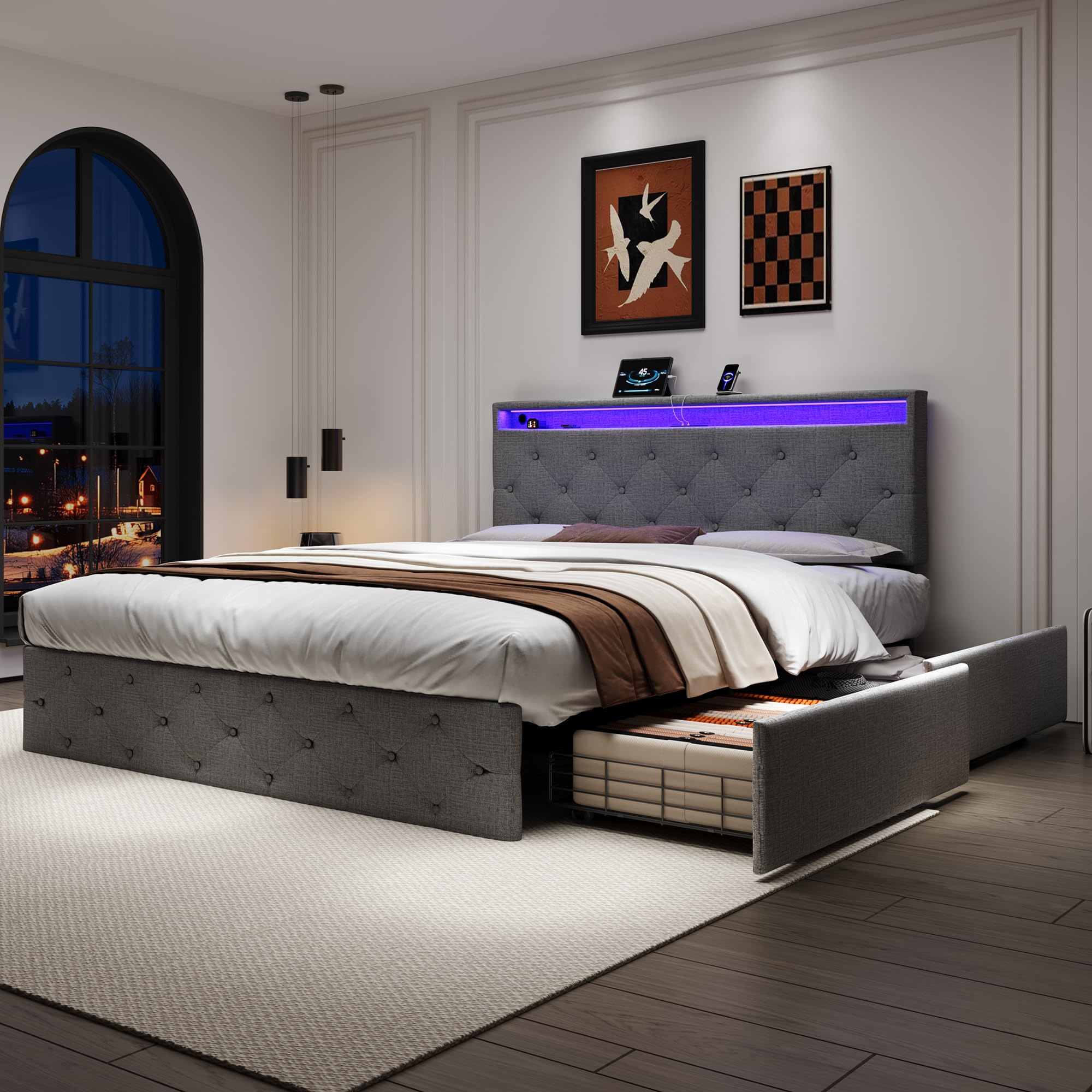 ?Ball & Cast Upholstered Double Bed with 4 Storage Drawers, Double Bed with LED Lighting, LED Lighting, Adjustable Button Tufted Headboard with USB &