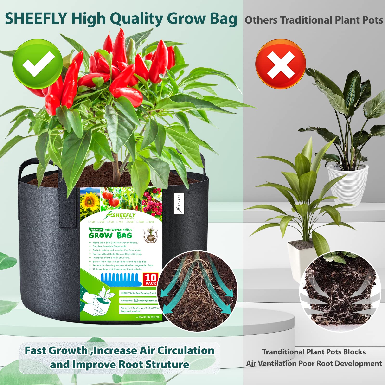 SHEEFLY 10 Pack 15 Gallon Grow Bags,Non Woven Durable Thickened Aeration Fabric Pots Container with Reinforced Handles for Nursery