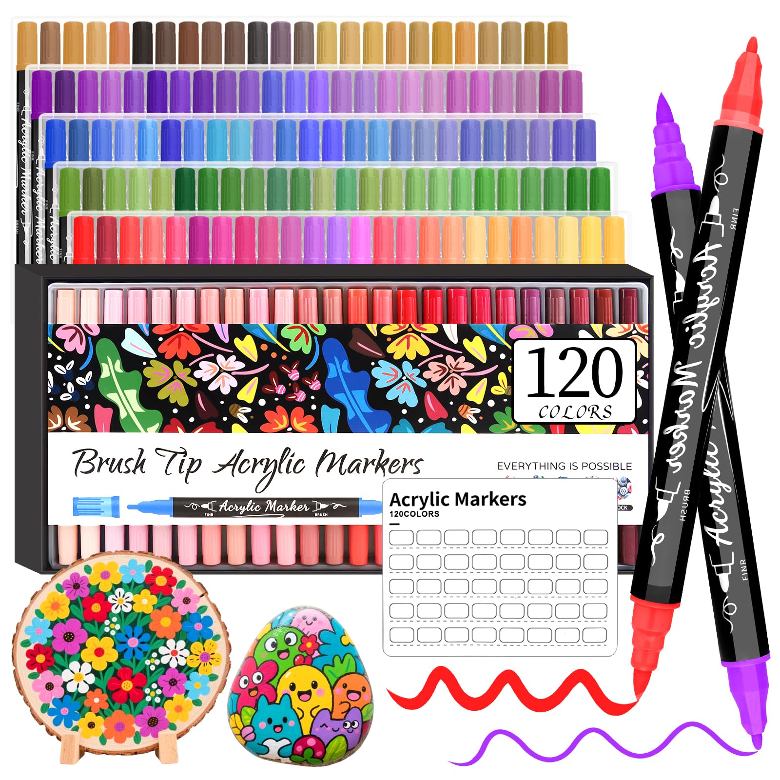 Funnasting Acrylic Paint Pens, 120 Colours Dual Tip Acrylic Pens, Fine & Brush Tip Paint Markers, Acrylic Markers for Rock Painting, Glass, Wood,