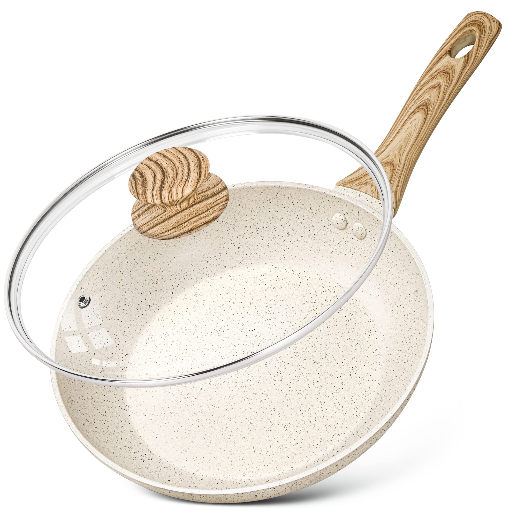 MICHELANGELO Frying Pan with Lid 26cm, Non-Toxic Stone-Derived with Bakelite Handle, Granite Pan for Induction, Cream White