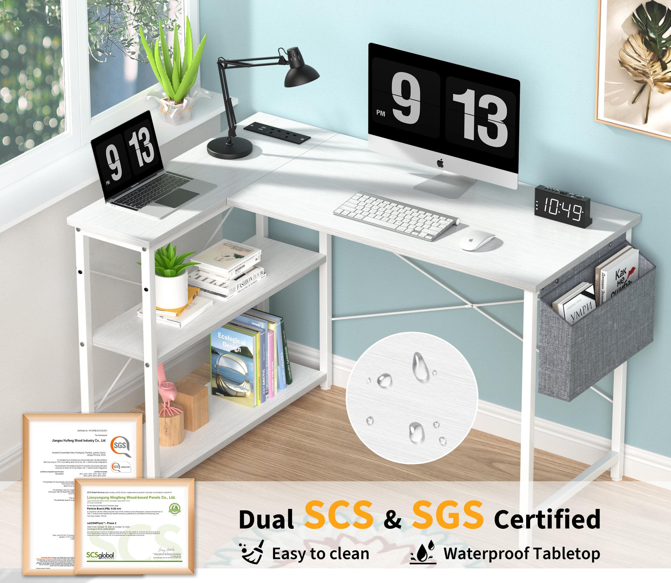 Yornoli L Shaped Computer Desk with Power Outlet, 118CM Corner Office Desk for Small Spaces with Storage Shelves, Study Work Writing Table for Home