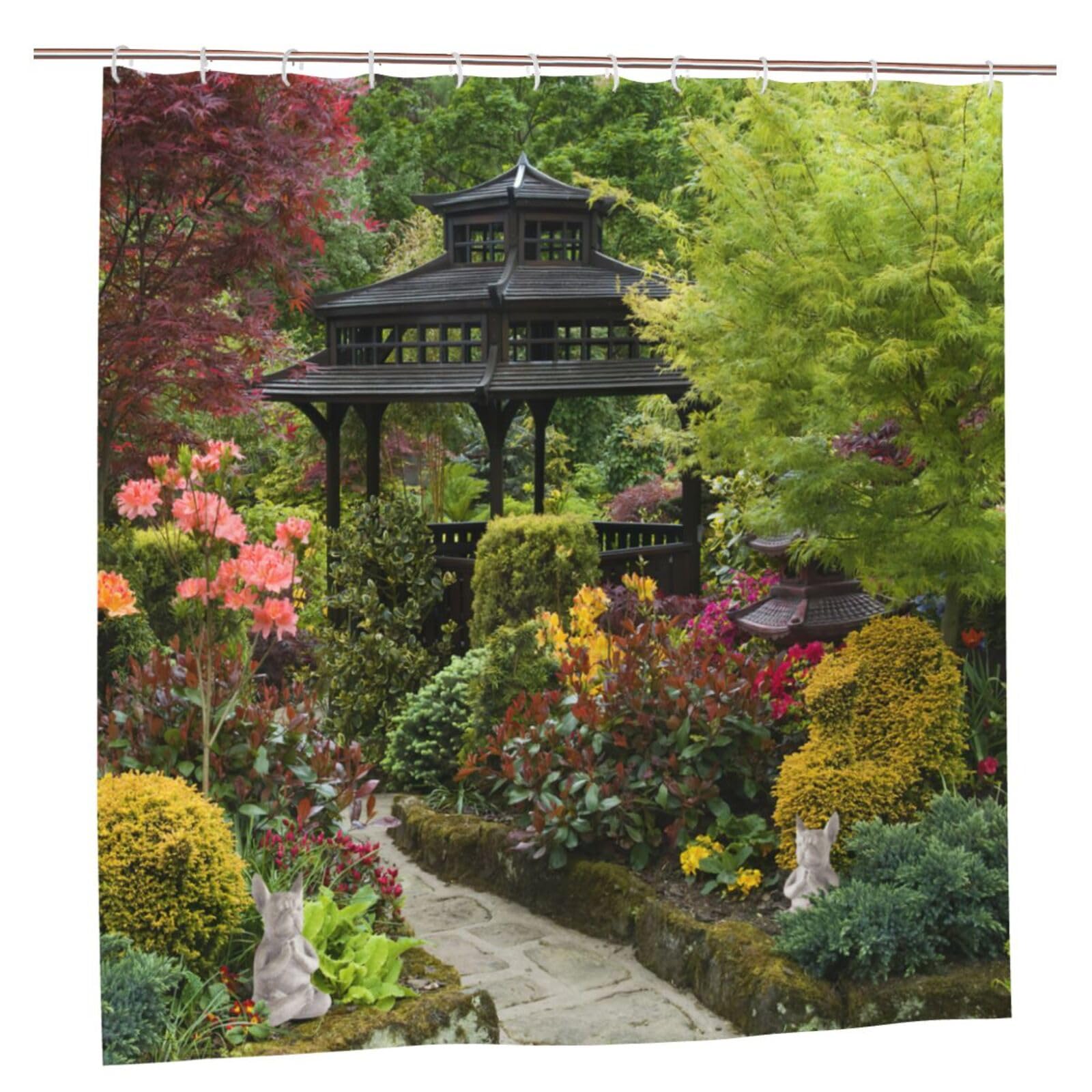 3D Garden View Shower Curtain, Flowers Trees Outdoor Nature Scenery Garden Decoration, Quick-Drying Polyester Waterproof Bath Shower Curtain Bathroom