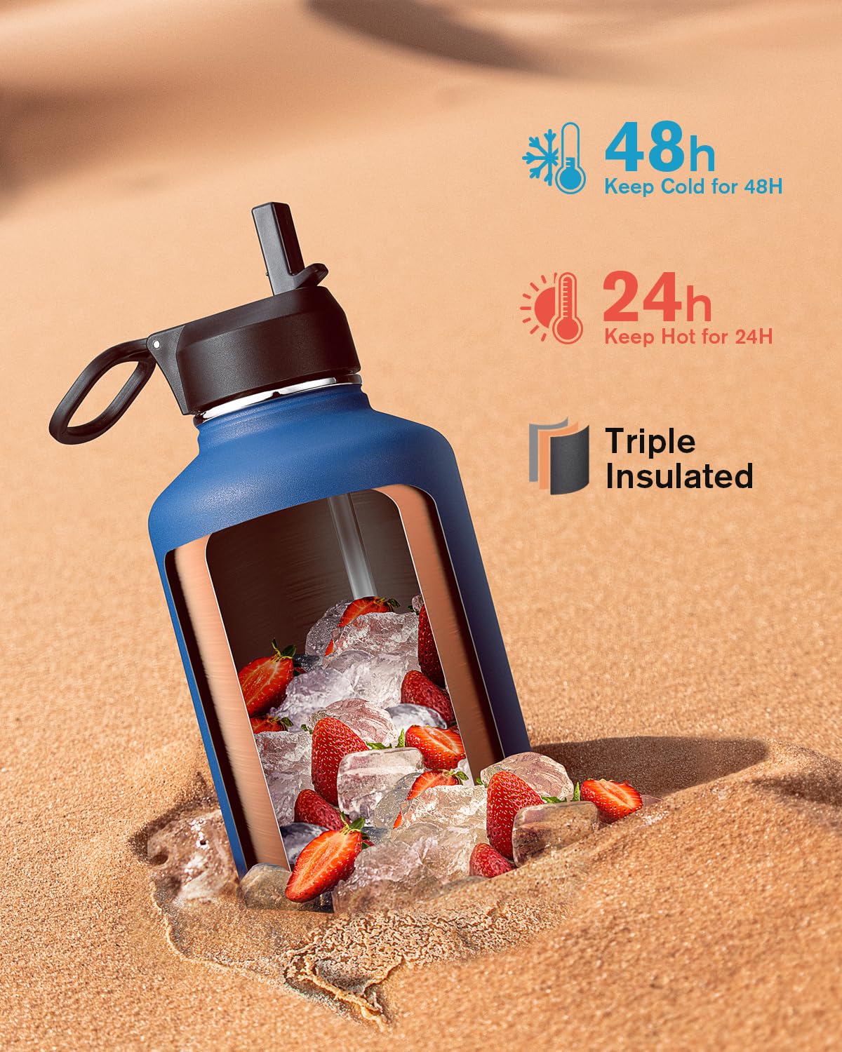 Coolflask Insulated Water Bottle 2L - 3 Lids with Straw & Spout & Handle, Leakproof Vacuum Stainless Steel Water Bottle for Sports, Travel, Gym, 48H