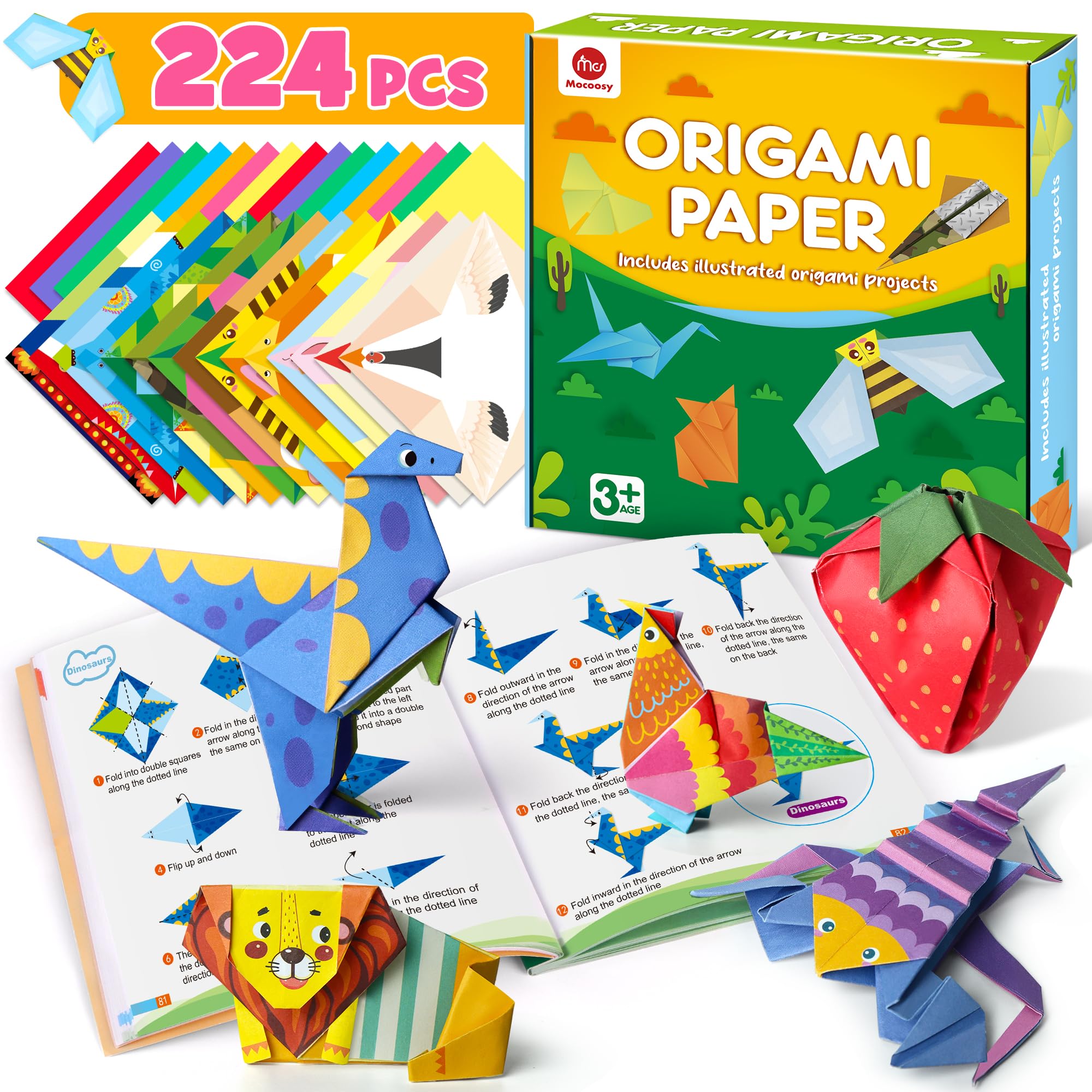 Mocoosy 224 Sheets Origami Kit for Kids 6-12, 72 Patterns Double-Sided Origami Paper with Video & Origami Book, DIY Art and Craft Kits for Kids,