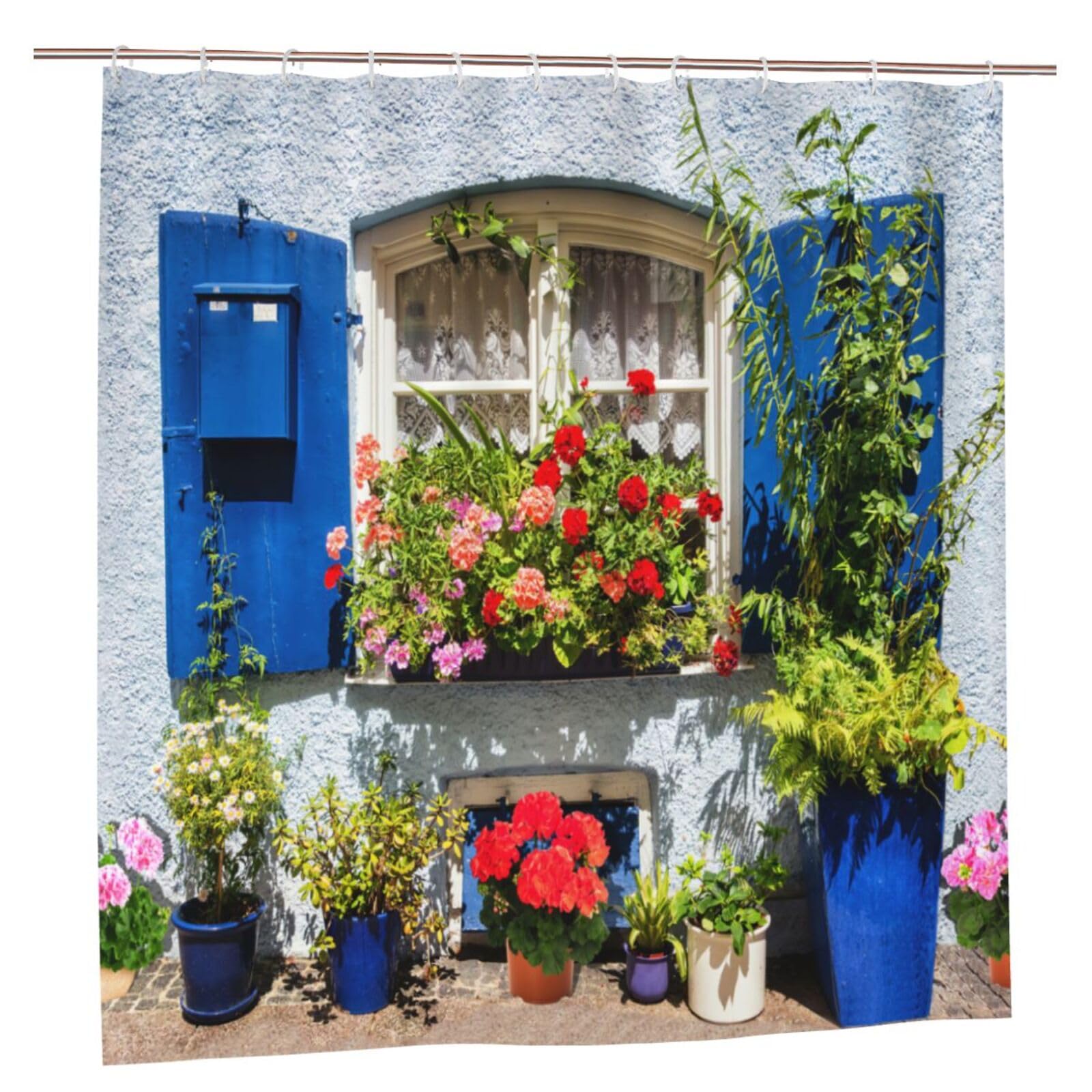 Newhomestyle 3D Printing Home Garden Flowers Shower Curtain, Blue Window Garden Decoration, Waterproof Quick-Drying Polyester Fabric Bathroom Curtain