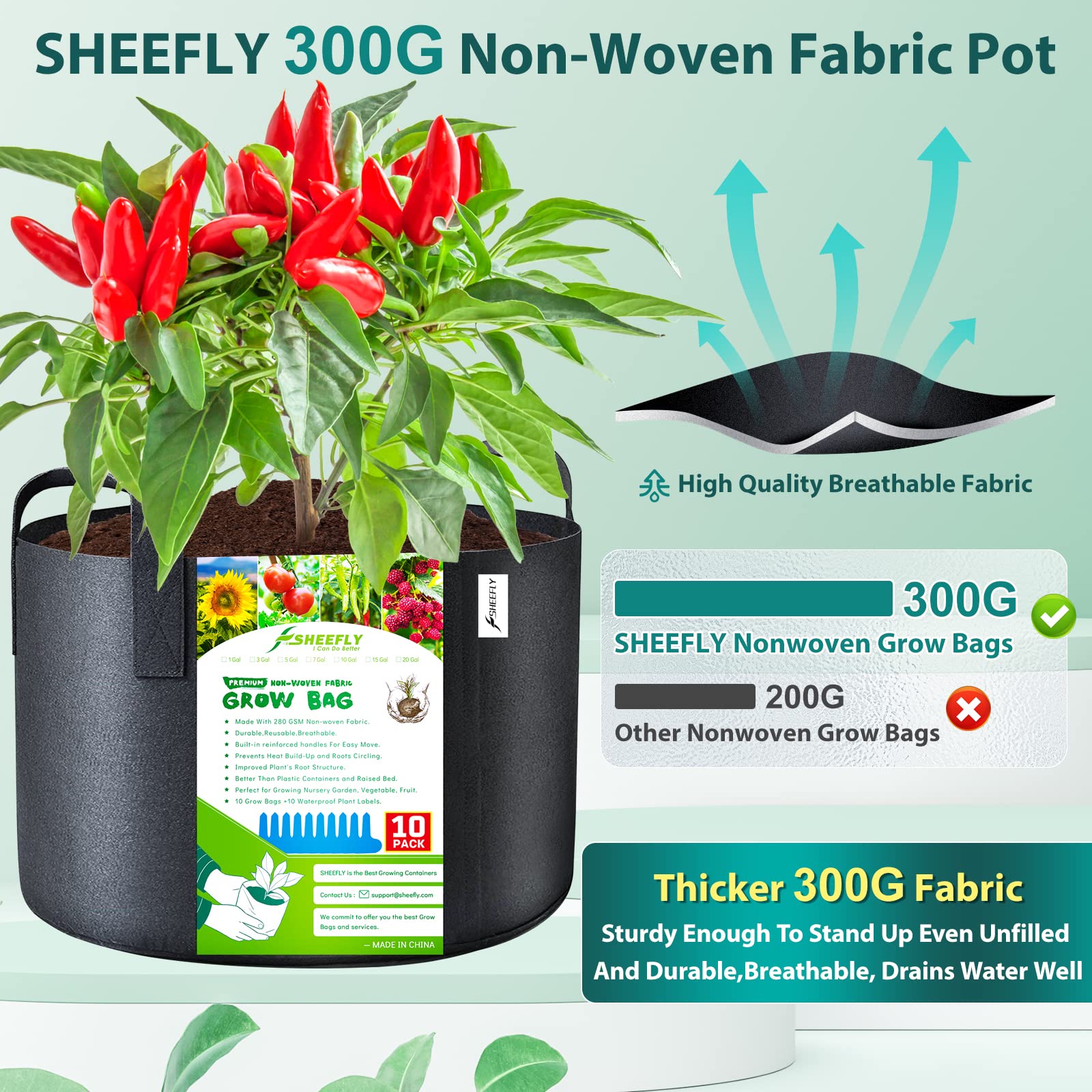 SHEEFLY 10 Pack 15 Gallon Grow Bags,Non Woven Durable Thickened Aeration Fabric Pots Container with Reinforced Handles for Nursery