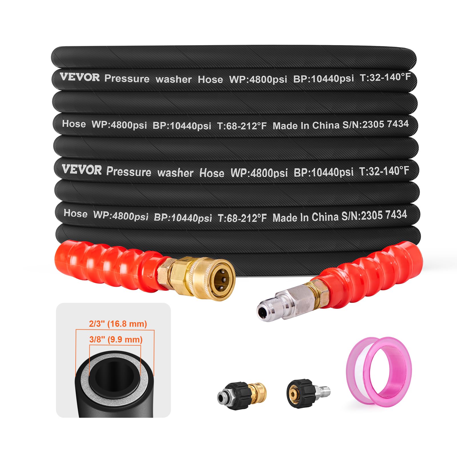 VEVOR Pressure Washer Hose, 30.5m, Kink Free 3/8"-?14.8 Male, 3/8"-?15 Female For Most Brand Pressure Washers, 4.9'' Bending Radius, 4800 PSI Heavy