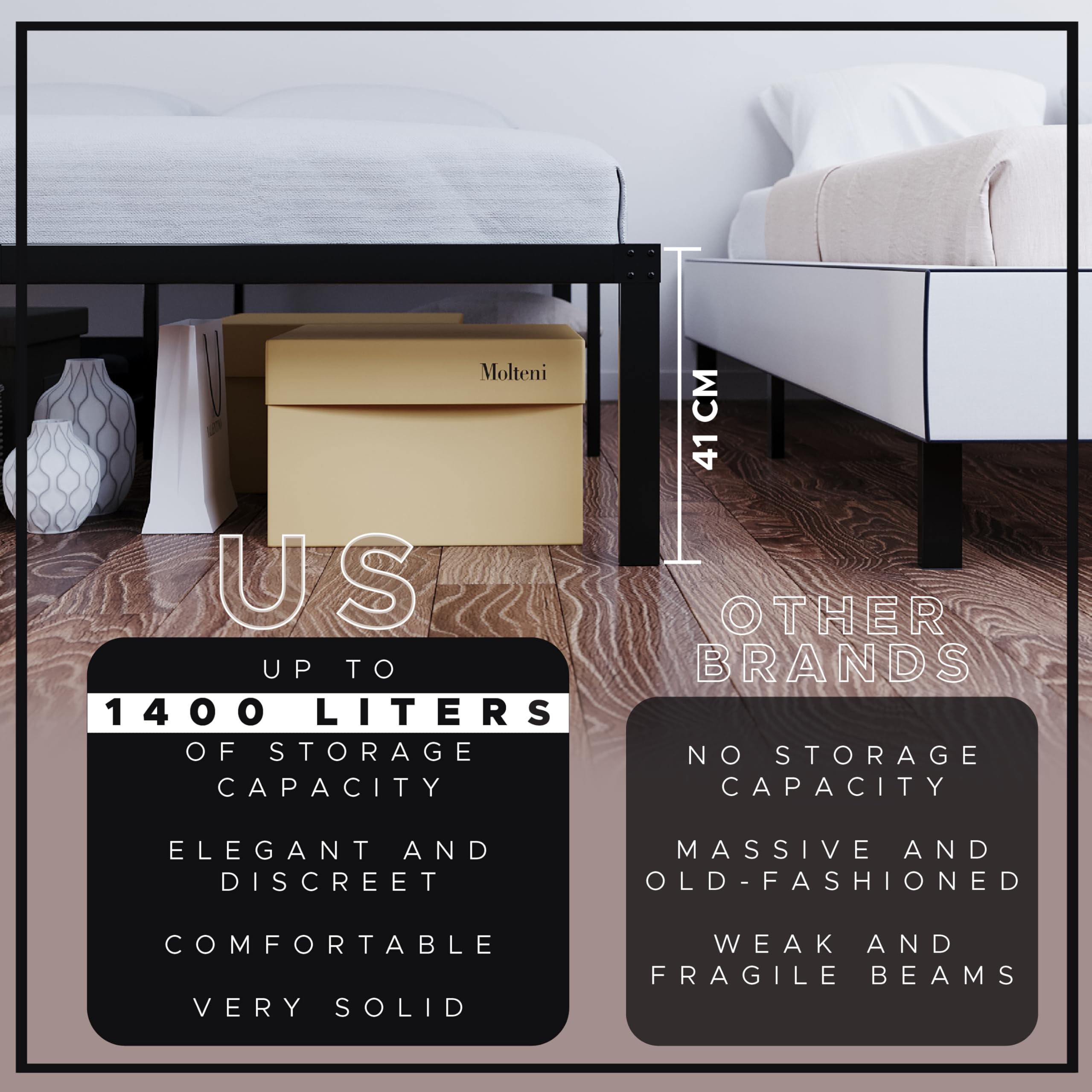 Dreamzie - Double Bed Frames Metal 135x190 with Storage 41cm - Sturdy and 20min Easy Assembly Bed Frames - Large Storage