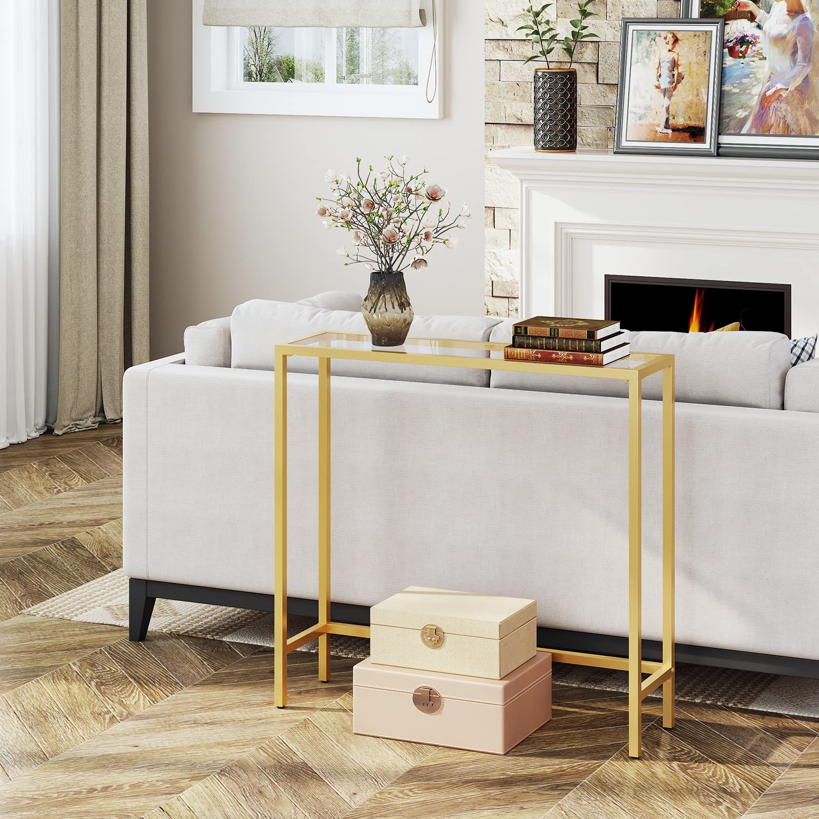 HOOBRO Console Table, Tempered Glass Sofa Table, Gold Slim Hallway Table, 75 x 22 x 80 cm, for Living Room, Entryway, Hallway, Metal Frame, Sturdy,
