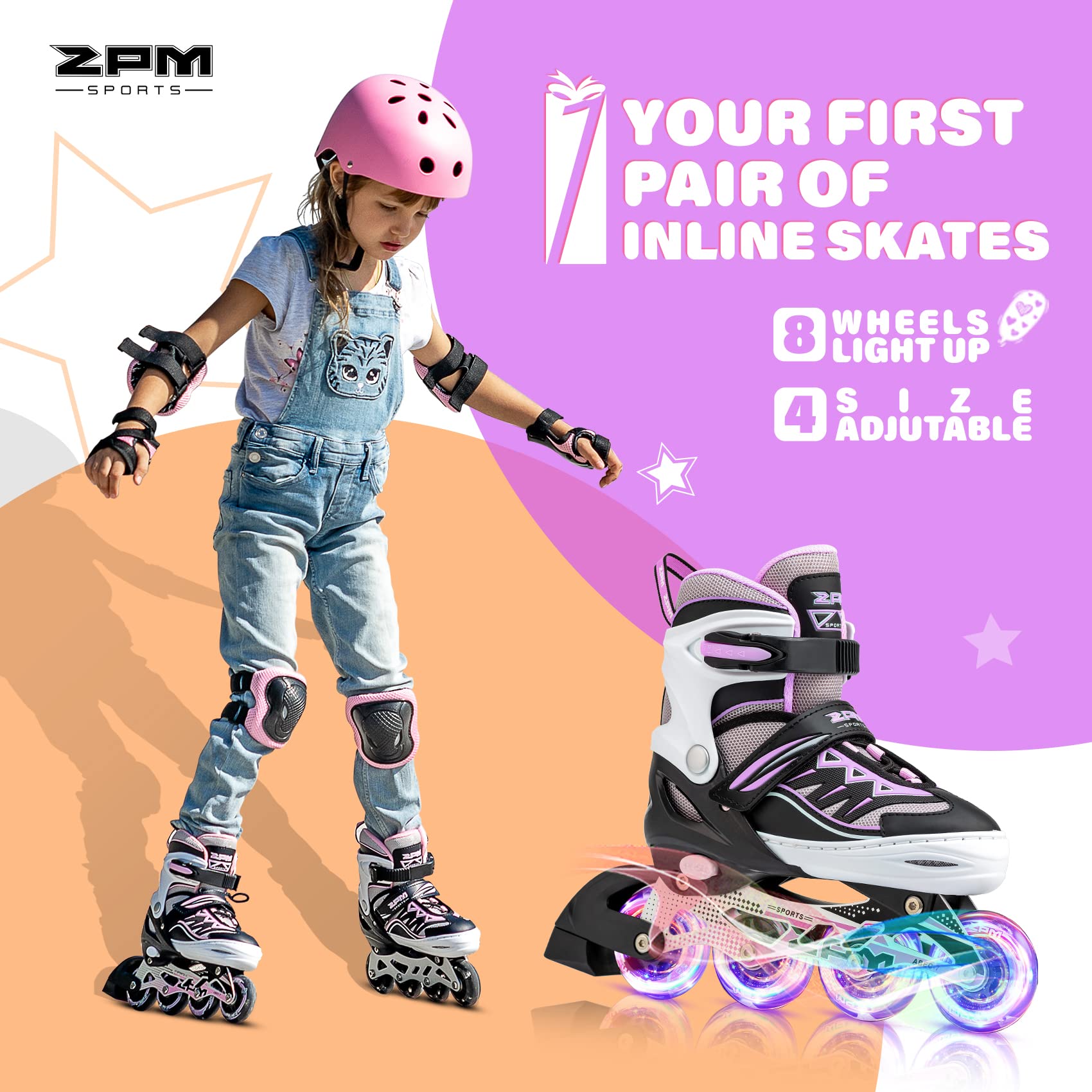 2pm Sports Adjustable Light up Inline Skates, Stylish Design Beginner Roller Skates for Boys and Girls - Purple Large