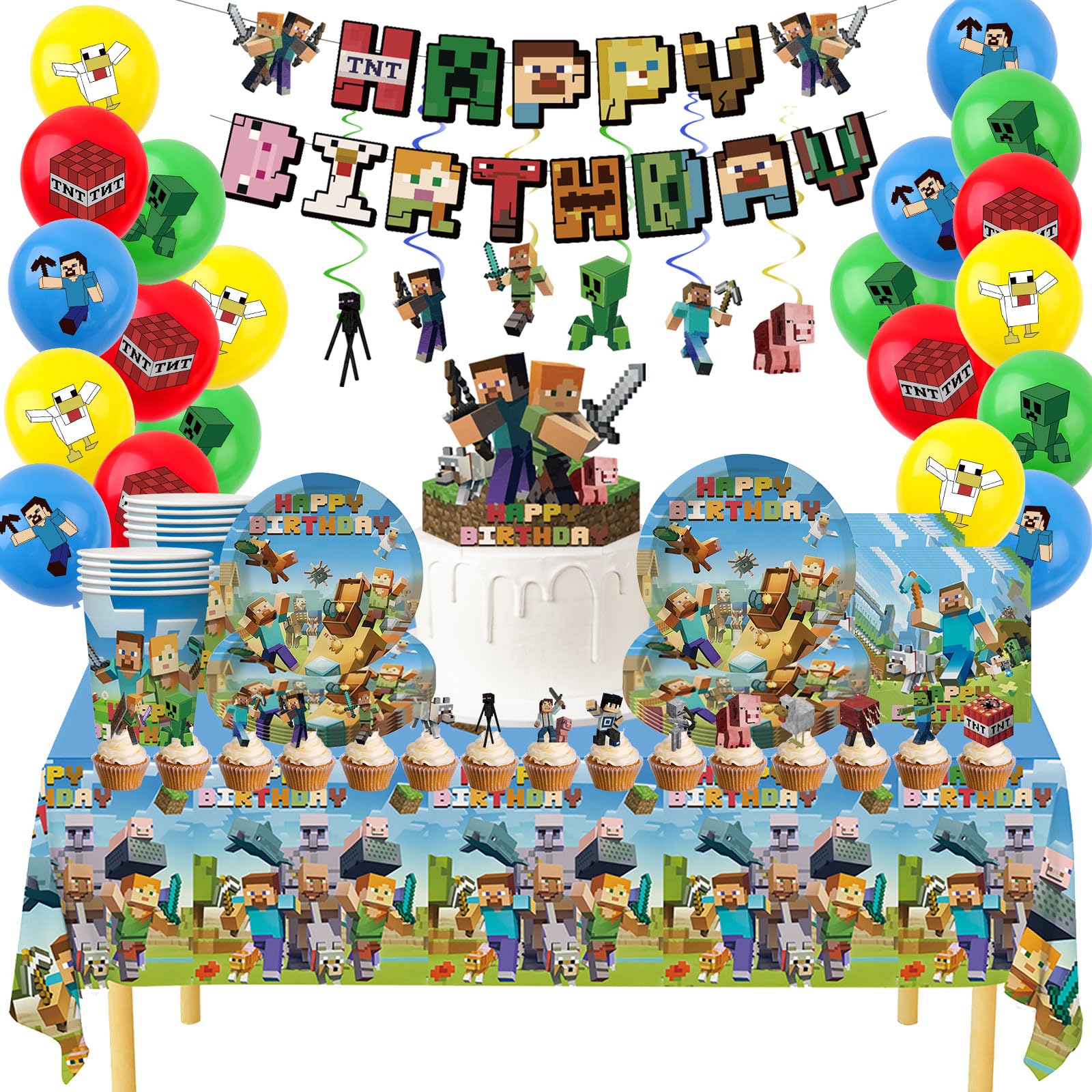 Minecraft Birthday Party Kit for Boys Kids - Complete Tableware Set with Happy Birthday Banner, Balloons, Tablecloth, Paper Plates, Cups, Napkins &