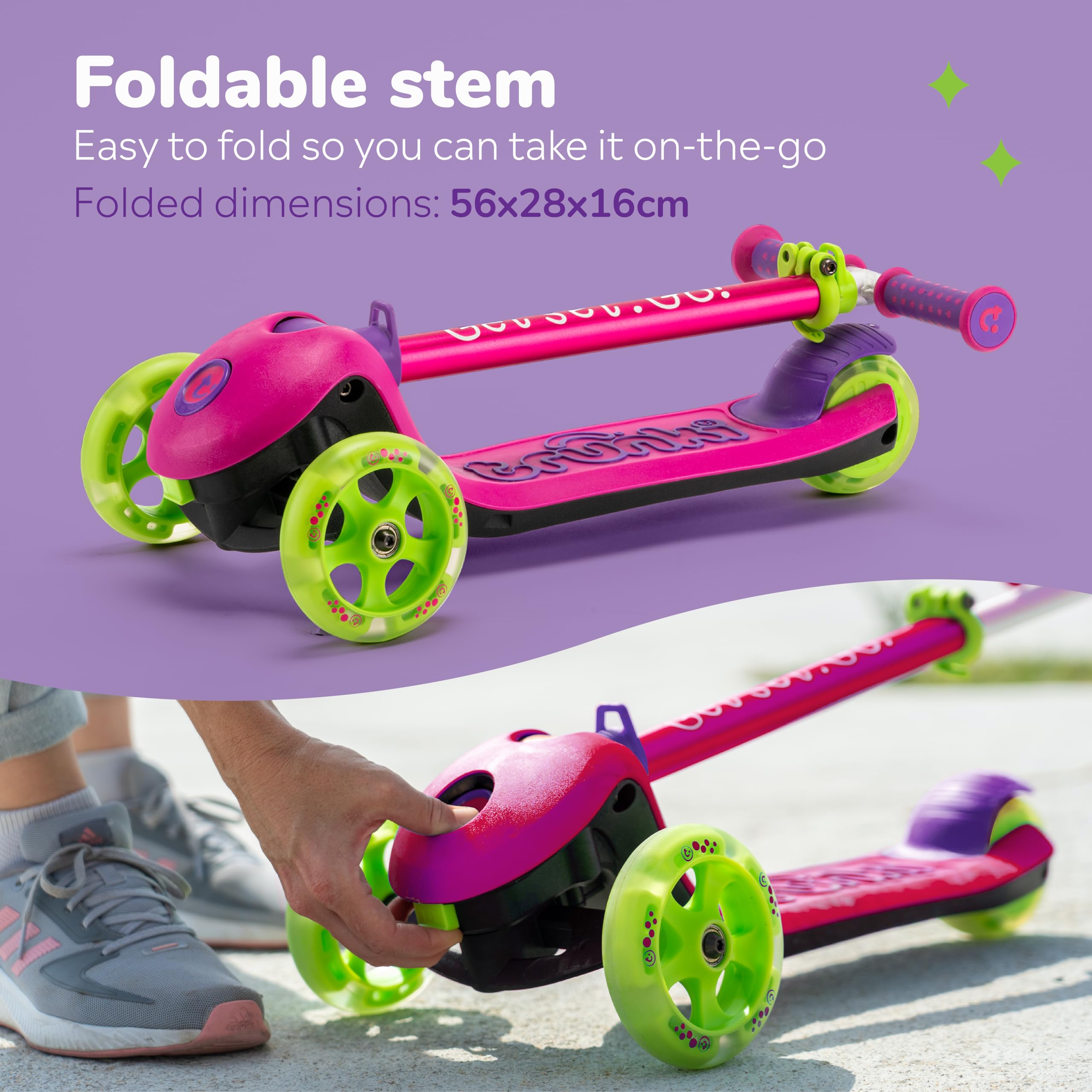 Trunki Folding 3 Wheel Kids Scooter for Girls with Tow and Carry Strap and Storage bag | Adjustable Handle Bar Height | Small Pink Scooter for Kids