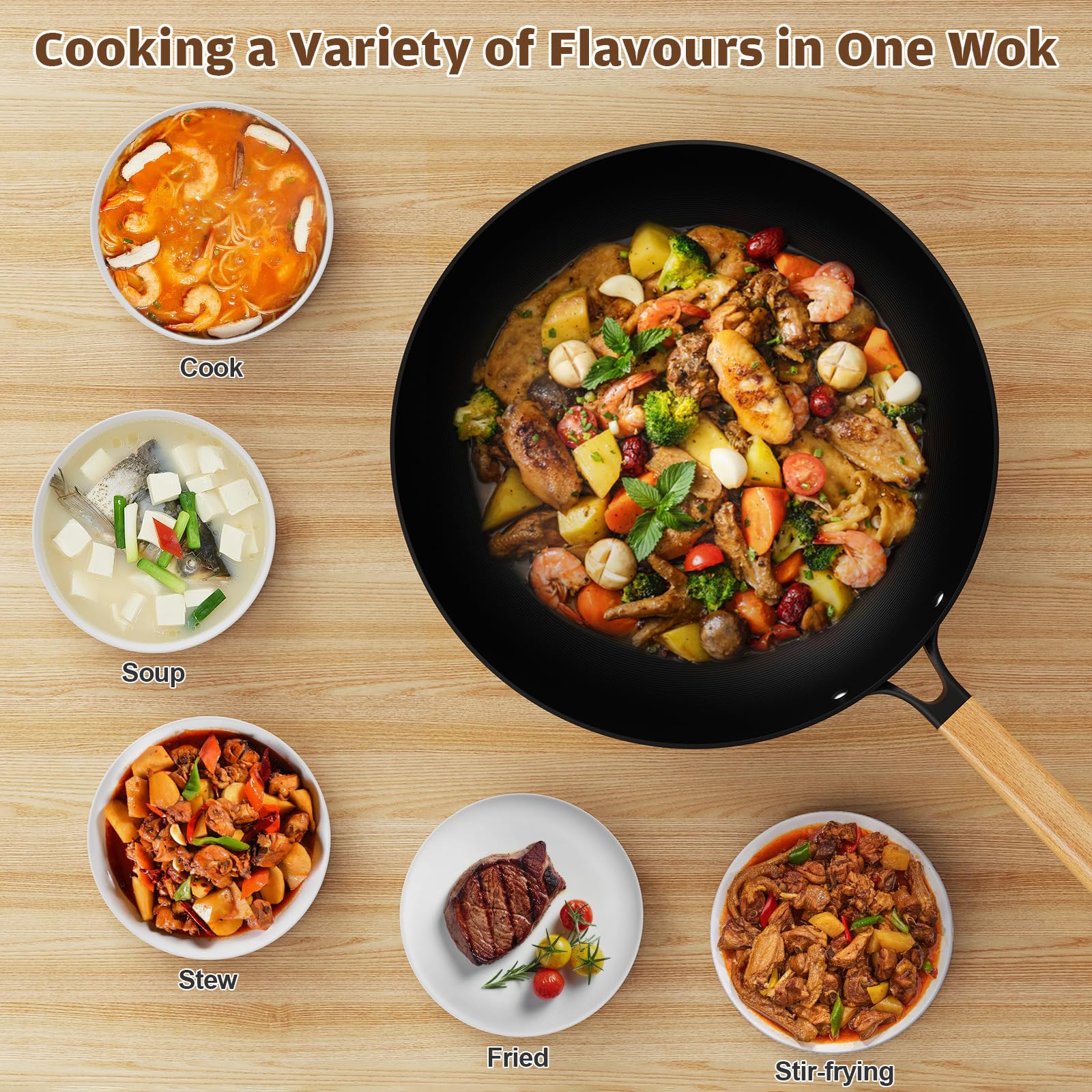 Jobin Wok with Lid Non Stick 30cm Carbon Steel Wok for Everyday Cooking Frying Pan Ideal for 3-5 People for Induction, Gas, All Hobs