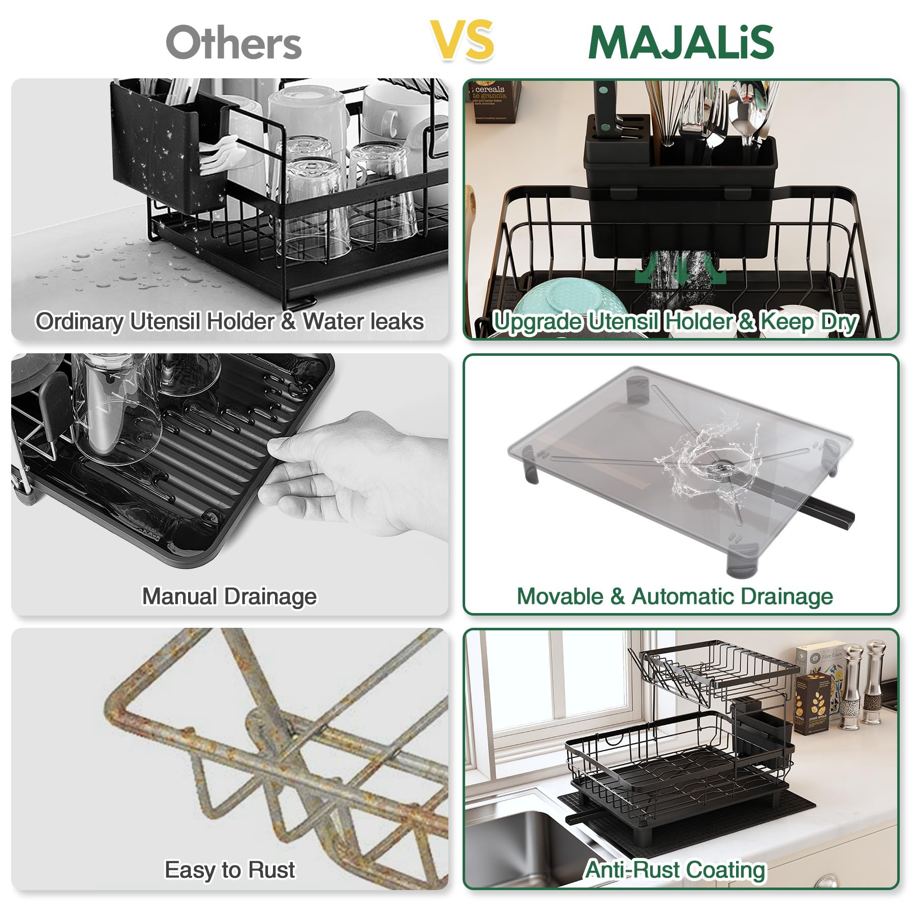 MAJALiS Dish Drainer Rack, 2 Tier Dish Drainer with Drip Tray and Drainer Mat, Stainless Steel Dish Rack with Utensil Holder, Swivel Spout, Draining