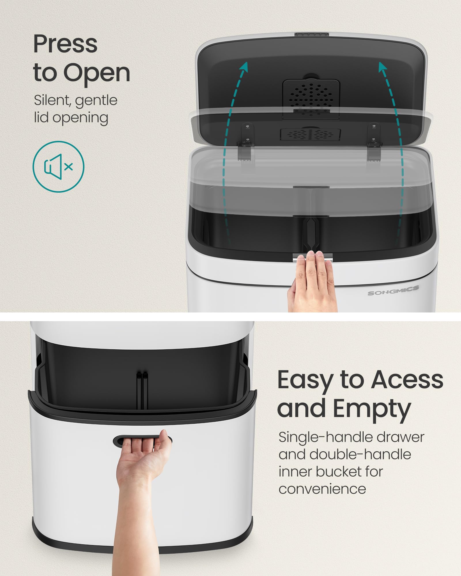 SONGMICS Kitchen Bin, 3-Compartment Rubbish Bin, 2 x 2.6 Gallons (10 L) and 7.9 Gallons (30 L), Steel, Space-Saving, Inner Buckets, Carbon Filter,
