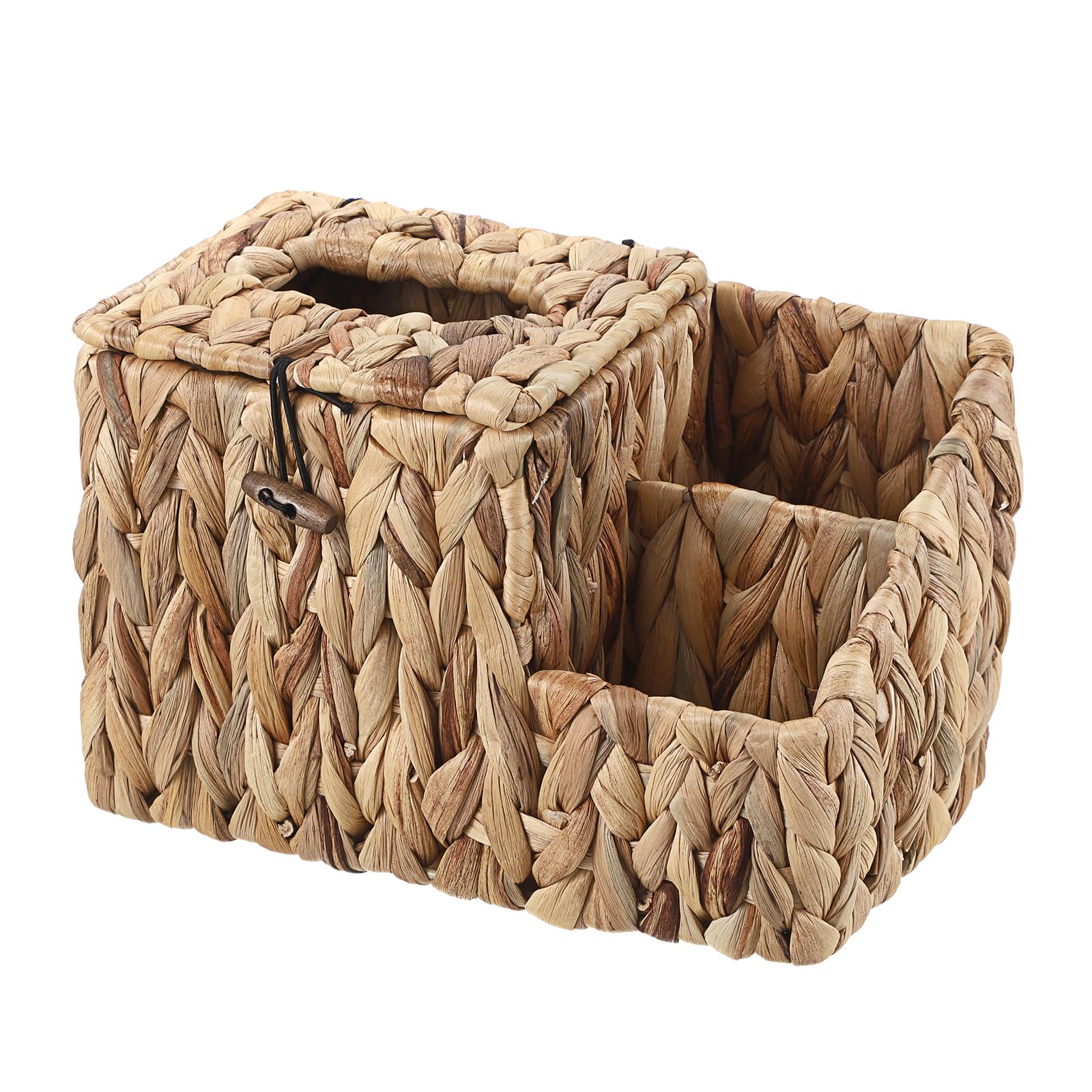 BSTKEY Water Hyacinth Square Facial Tissue Box with Lid, Household Woven Napkin Box Tissue Paper Holder with 2 Multi-function Organizer Side Pockets
