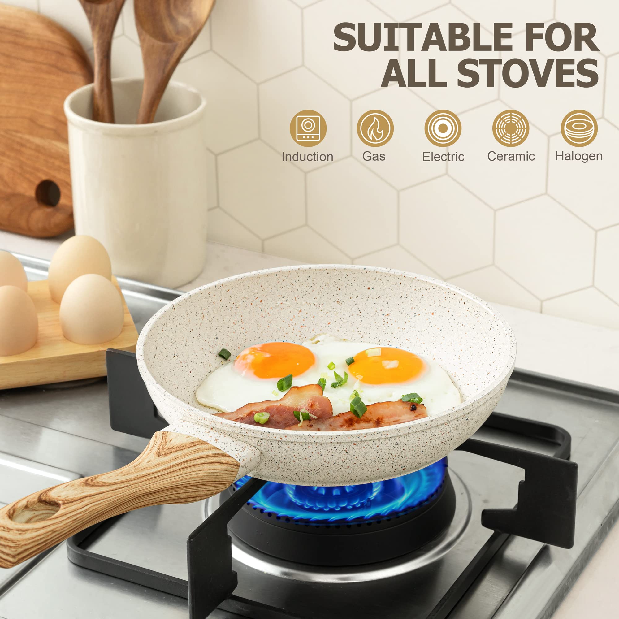 MICHELANGELO Frying Pan with Lid 26cm, Non-Toxic Stone-Derived with Bakelite Handle, Granite Pan for Induction, Cream White