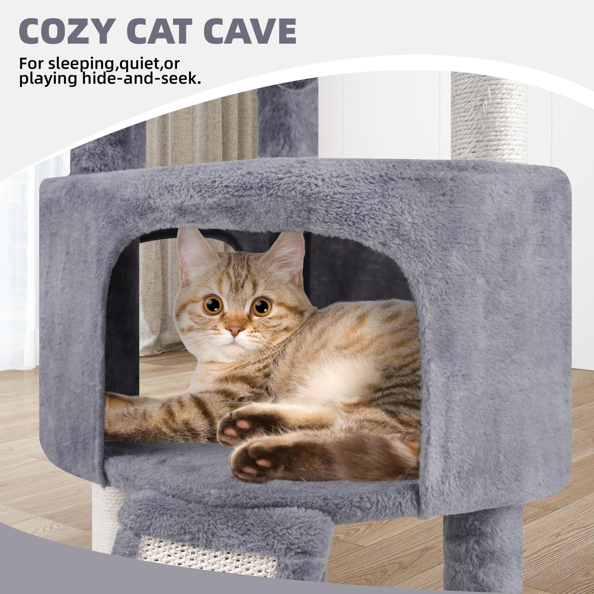 TWDEPART Cat Tree Tower with Scratching Posts & Condo, Climbing Activity Centre with Hanging Balls, Grey