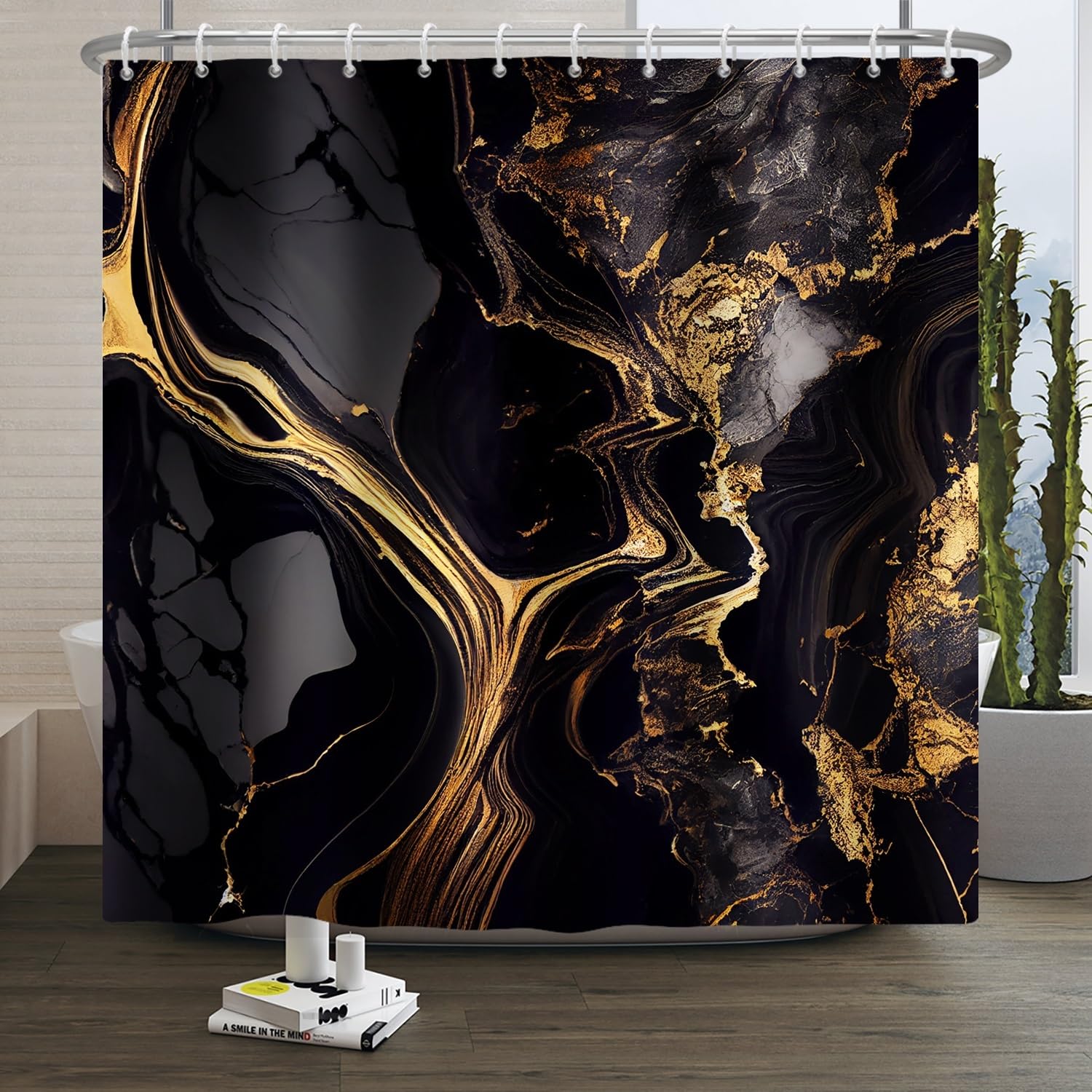 Xiaoterna Marble Shower Curtain Abstract Black Gold Marble Bathroom Curtain Gold Powder Sparkling Modern Luxury Marble Shower Curtain Machine Washable